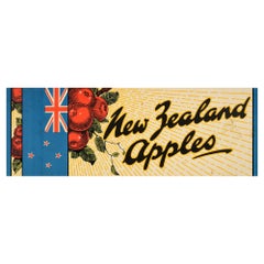 Affiche rétro originale, Apples de Nouvelle-Zélande, Drapeau de Nouvelle-Zélande, Dessin publicitaire de fruits