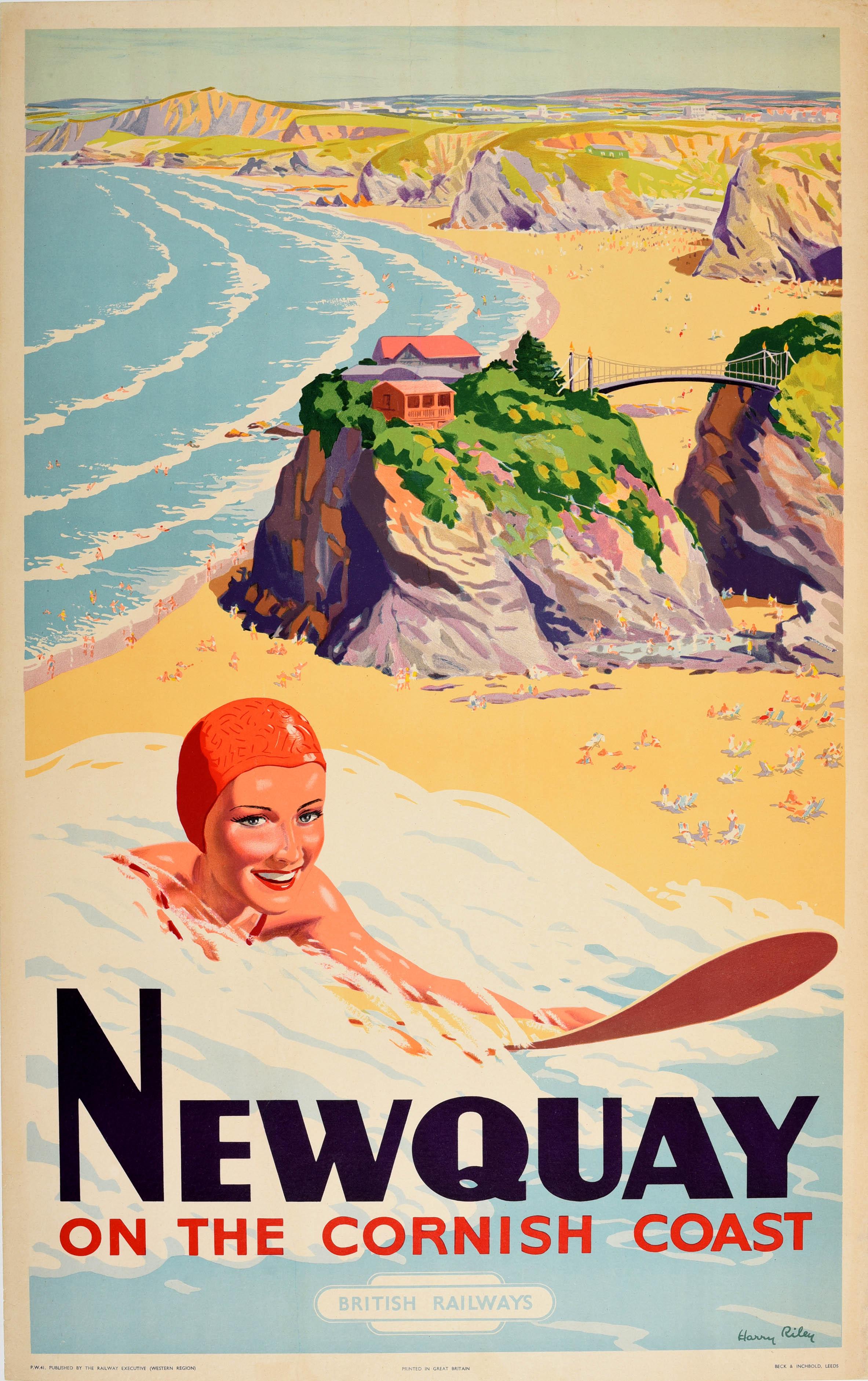 Original vintage British Railways travel advertising poster for Newquay on the Cornish Coast featuring a fantastic image of a smiling lady surfer wearing a red swimming cap riding a wave in the foreground with people on a sandy beach below