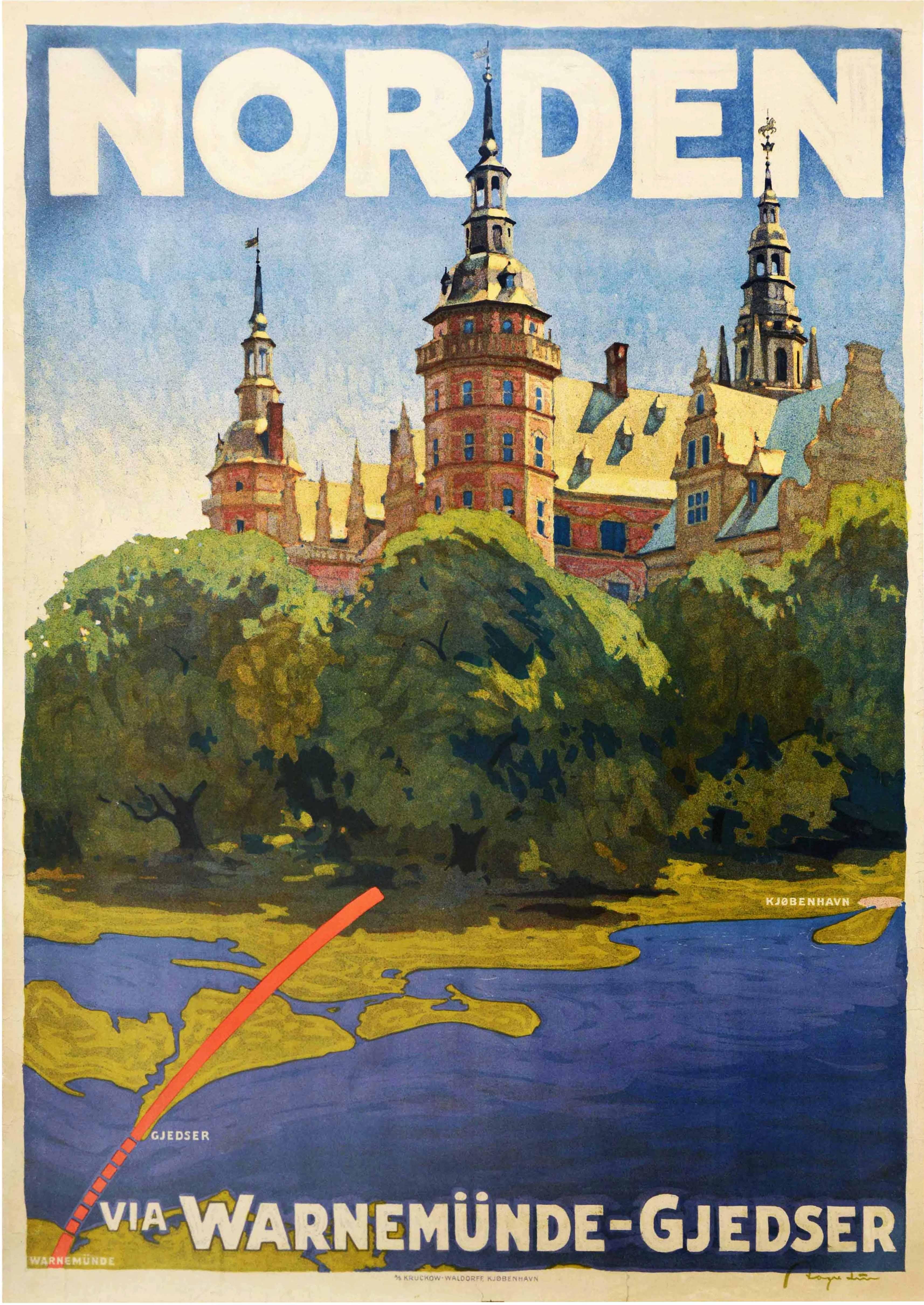 Original vintage travel map poster featuring an illustration by the Danish artist Aage Lund (1892-1972) showing the ferry route linking the towns of Gjedser / Gedser in Denmark and Warnemunde in Germany depicting the historic Kronborg castle with