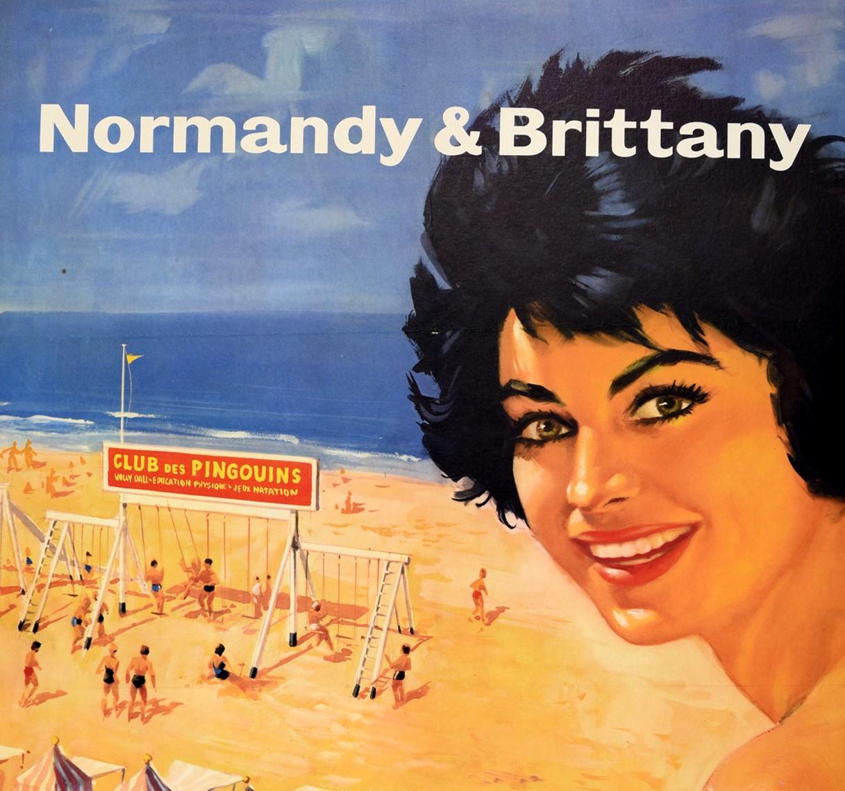 Original vintage travel poster for Normandy & Brittany by Train and Ship issued by the Southern region of British Railways featuring great artwork by Eric William Pulford (1915-2005) depicting a summer holiday scene with a smiling lady looking to