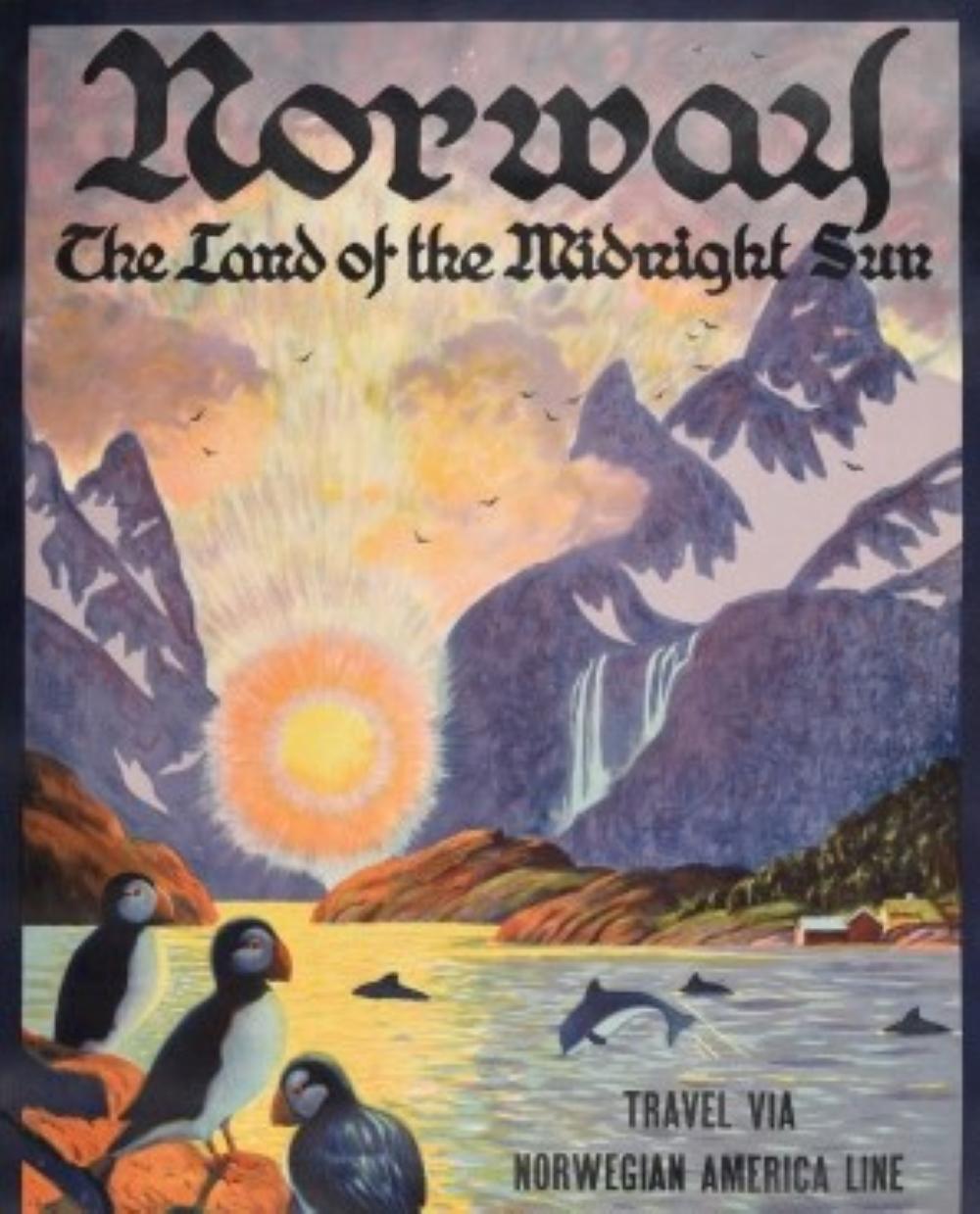 Original vintage travel poster for Norway The Land of the Midnight Sun Travel via Norwegian America Line featuring stunning artwork by Benjamin Blessum (1877-1954) depicting a scenic view of a Norwegian fjord with puffins on the rocks in the
