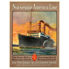 Original Vintage Poster Norwegian America Line New York Norway Ocean Cruise Ship
