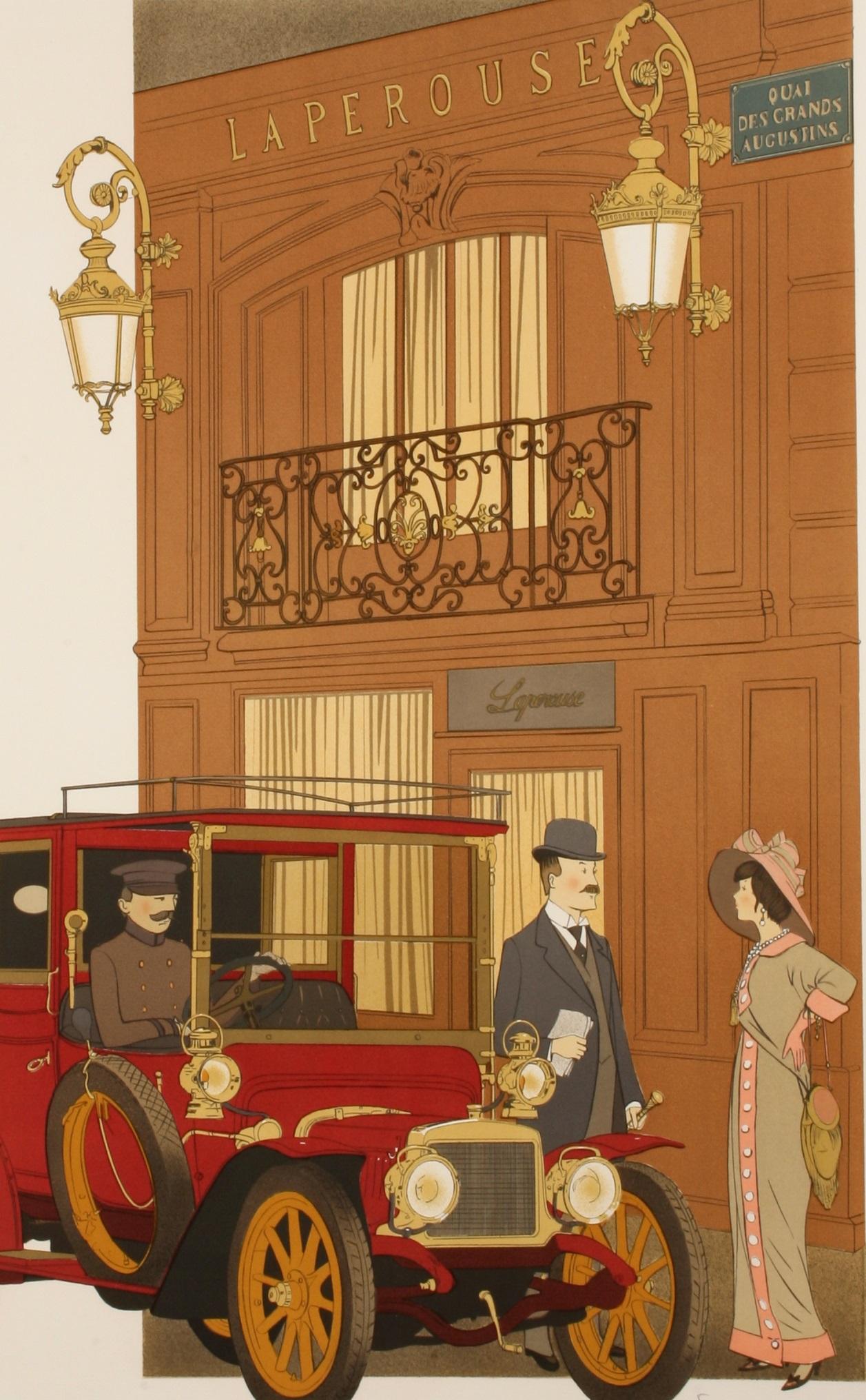 Original Vintage Poster-Nine Denis-Paul-La Perouse-Paris, c.1979

The immerses artist us in the Paris of the 20s. A because is parked in front of La Perouse, a historic restaurant Quai des Grands Augustins facing the Seine.
It is located in a