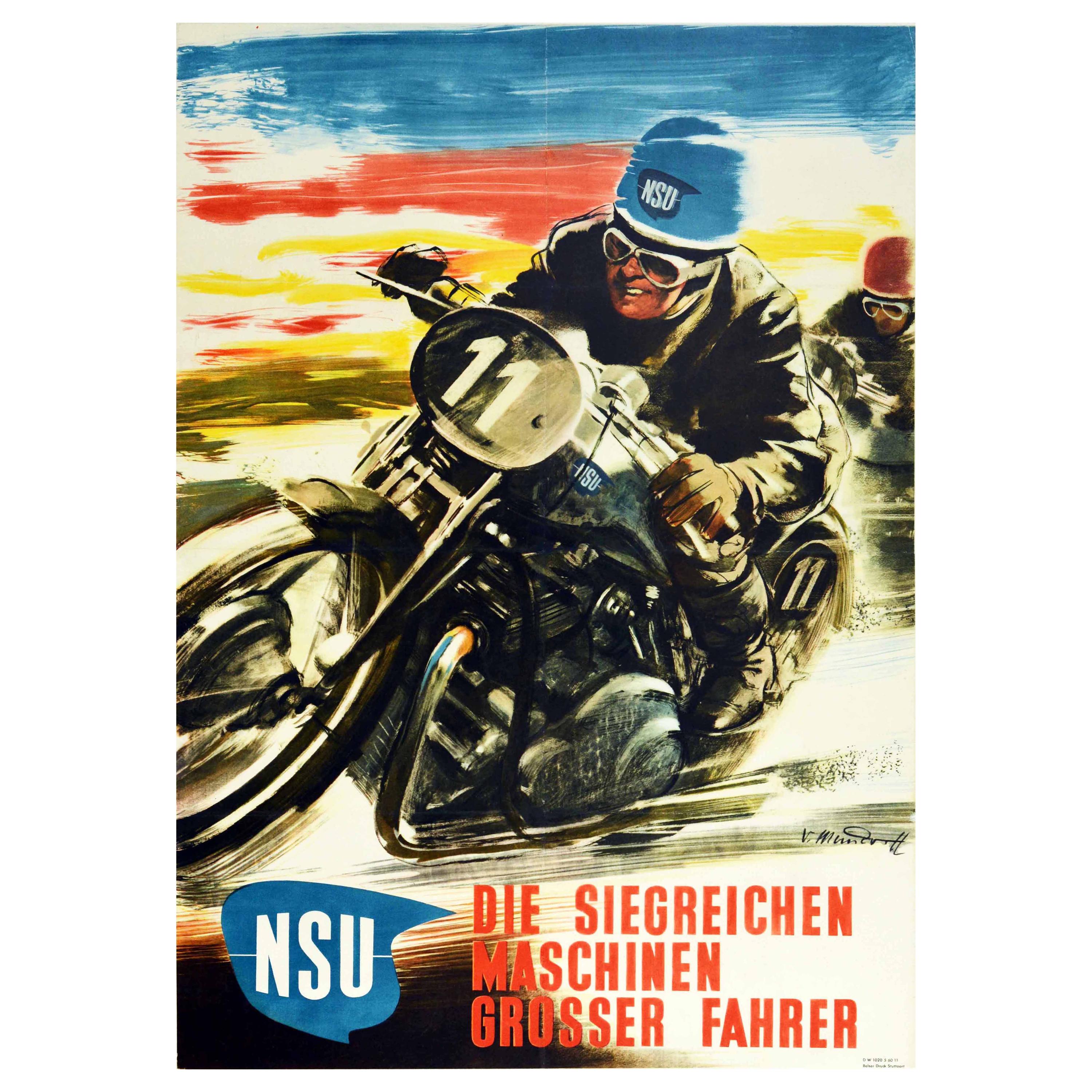 Original Vintage Poster NSU Motorcycle Racing Victorious Machines Great Drivers For Sale