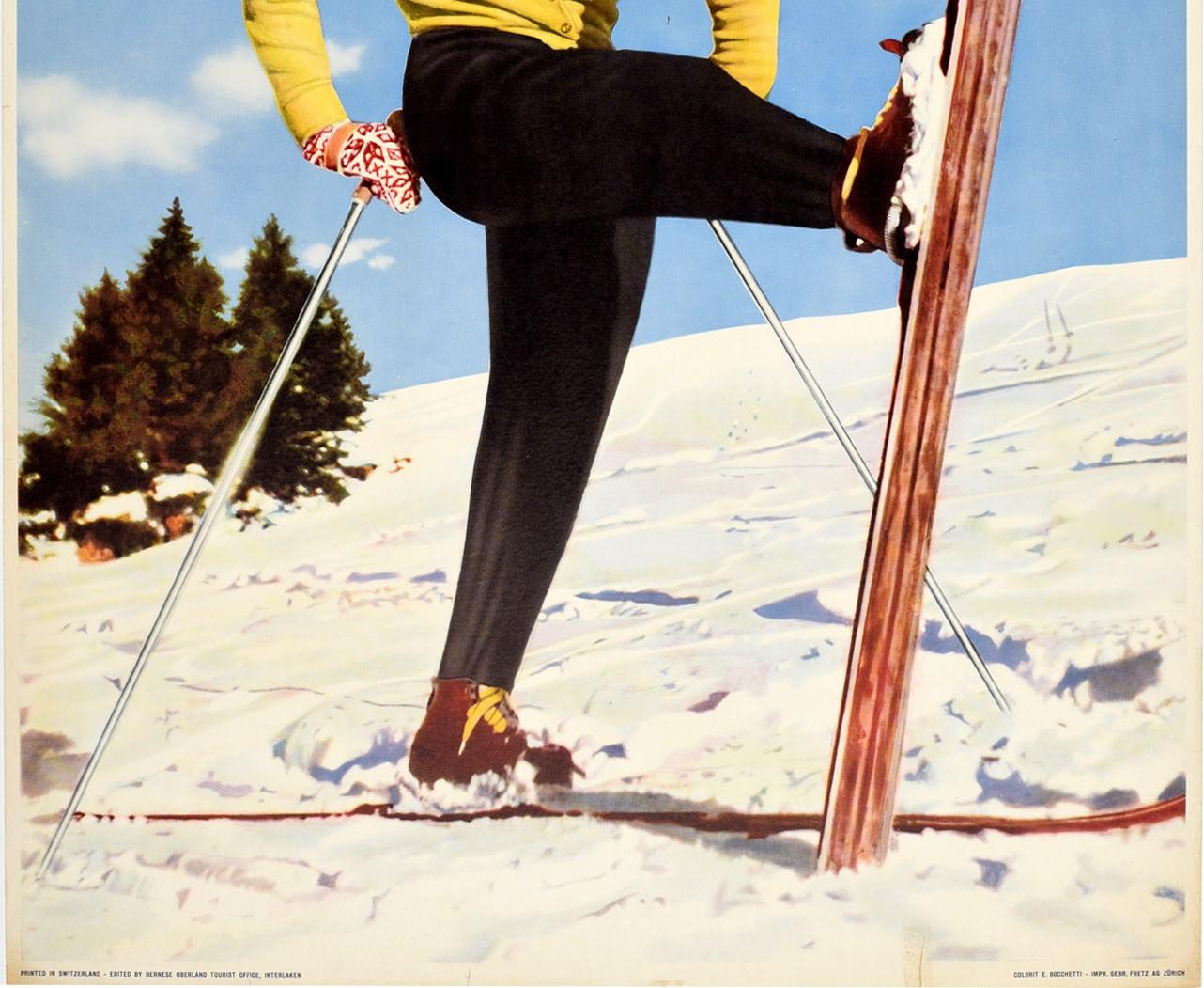 Swiss Original Vintage Poster Oberland Bernese Switzerland Winter Sport Skiing Travel