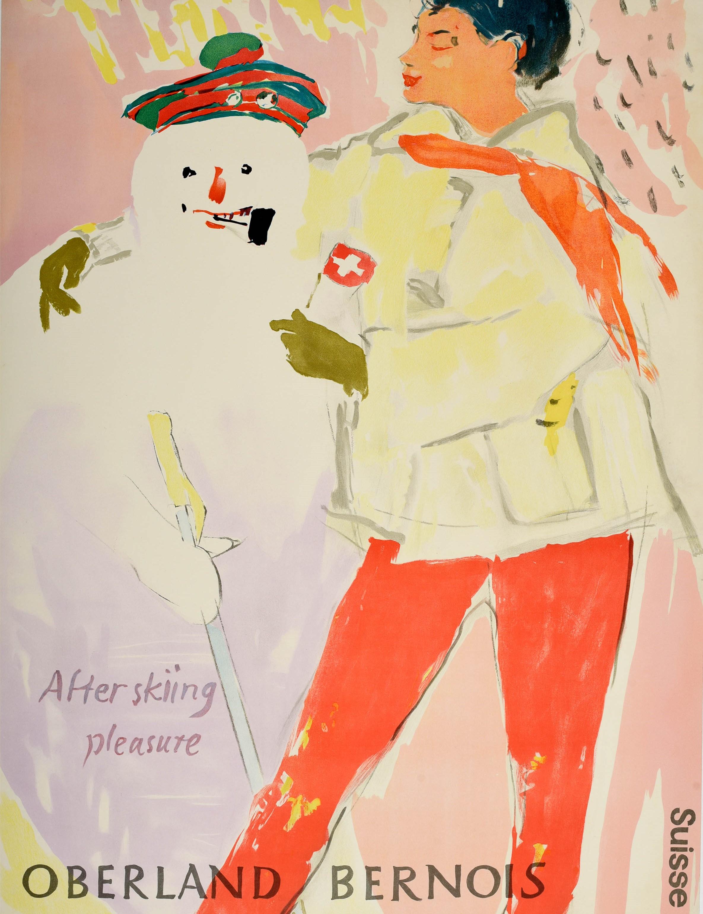 Original Vintage Poster Oberland Bernois After Skiing Pleasure Winter Snowman In Good Condition In London, GB