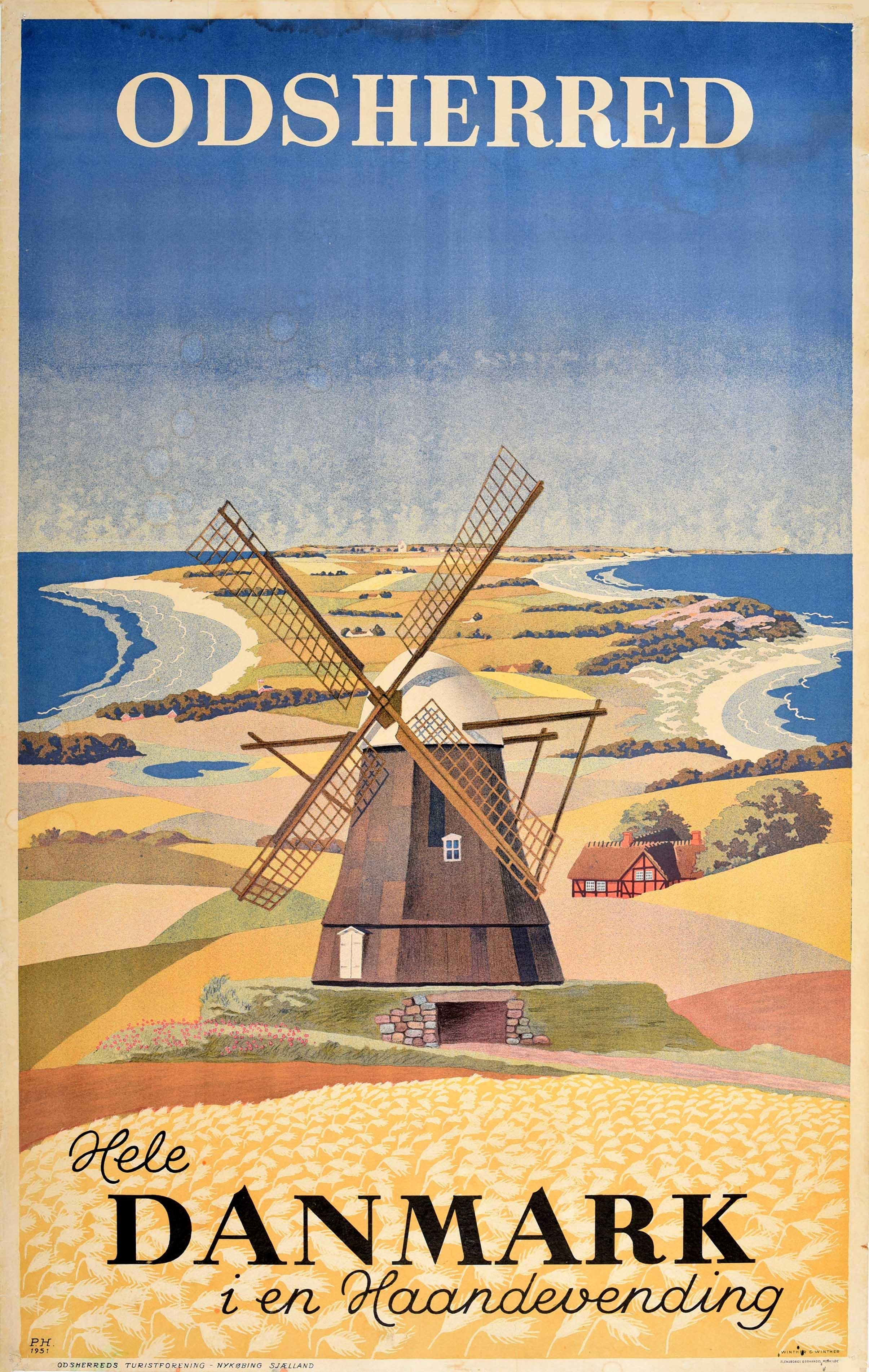 Original vintage travel poster for Odsherred Hele Danmark i en haandevending - All of Denmark in one go - featuring a scenic view of the countryside with a windmill in the foreground and the sea waving onto the sandy beaches on both sides of the