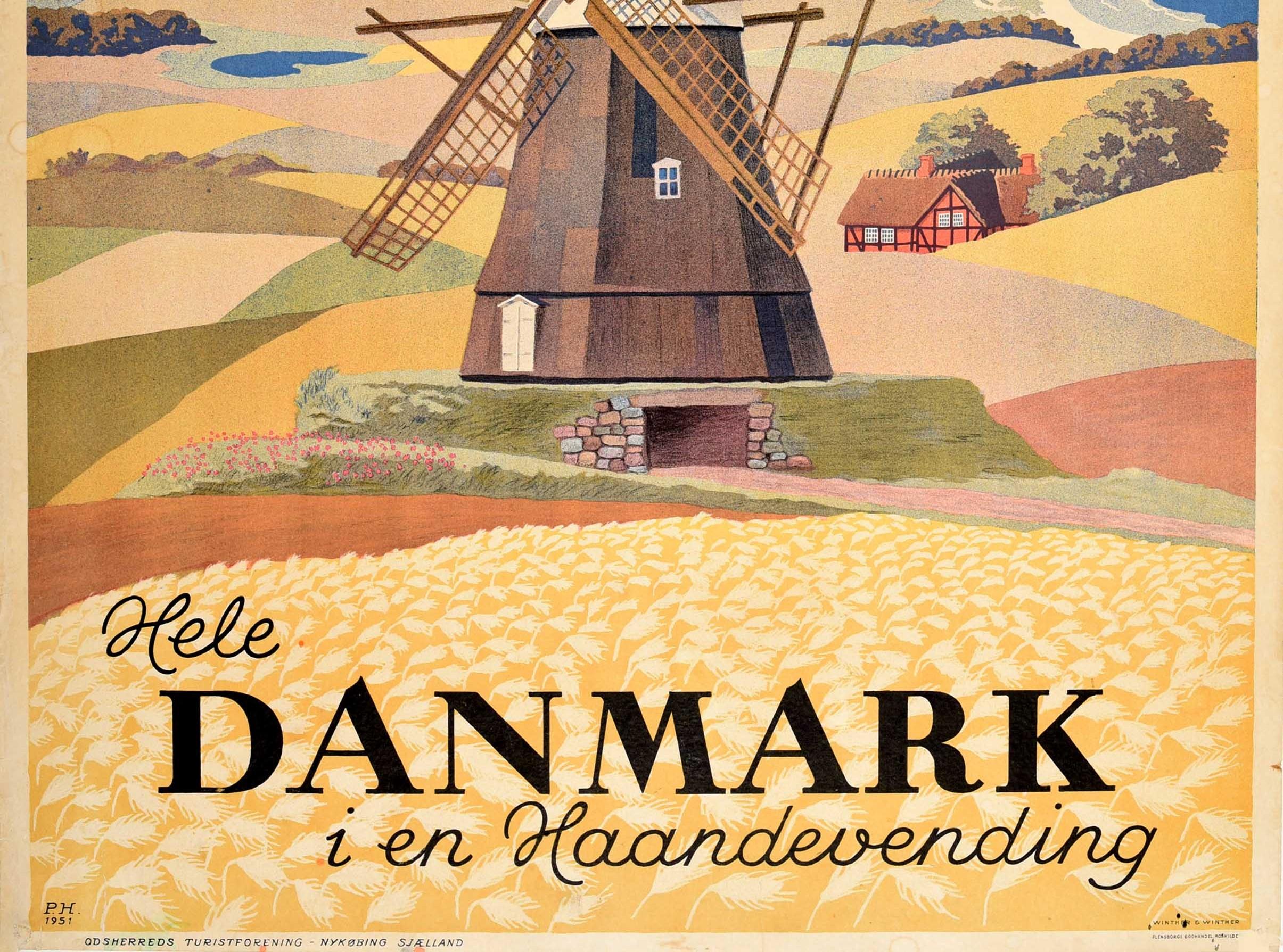 Danish Original Vintage Poster Odsherred Danmark Denmark Countryside Windmill Seaside