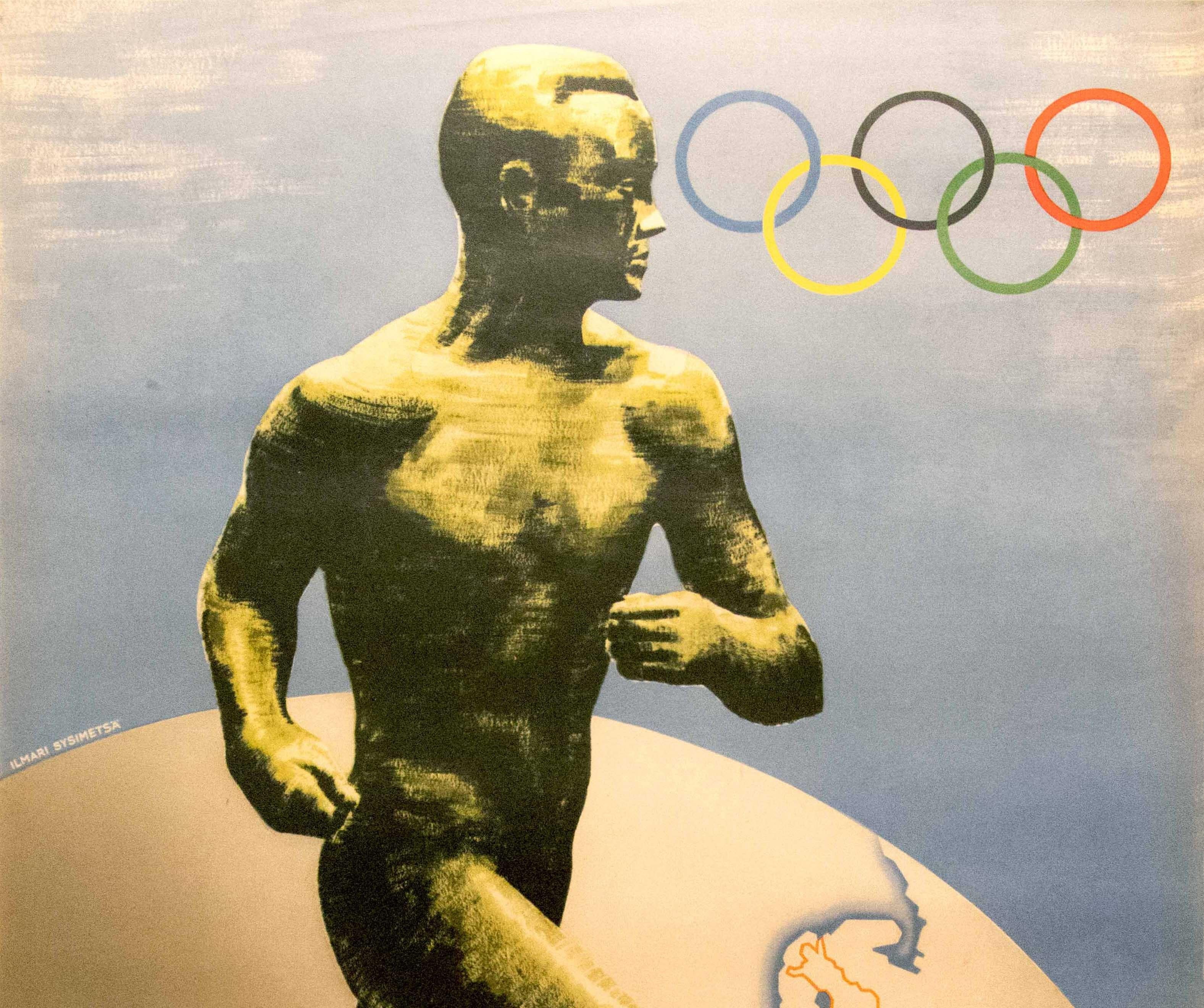Original vintage sports poster for the 1940 Summer Olympic Games in Helsinki Finland featuring a dynamic image depicting the sculpture of an athlete running in front of a globe marking the outline of Finland with the Olympic rings displayed above