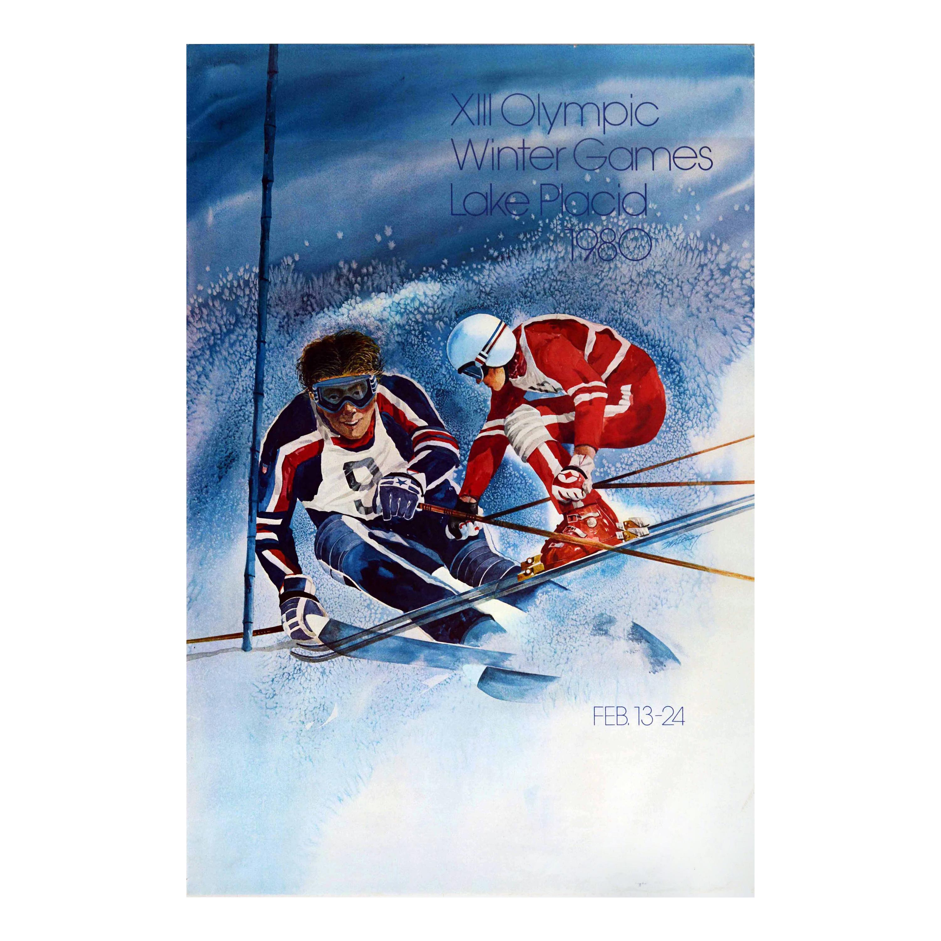 Affiche vintage d'origine des Jeux olympiques d'hiver 1980, Lake Placid, New York, Ski Sport en vente