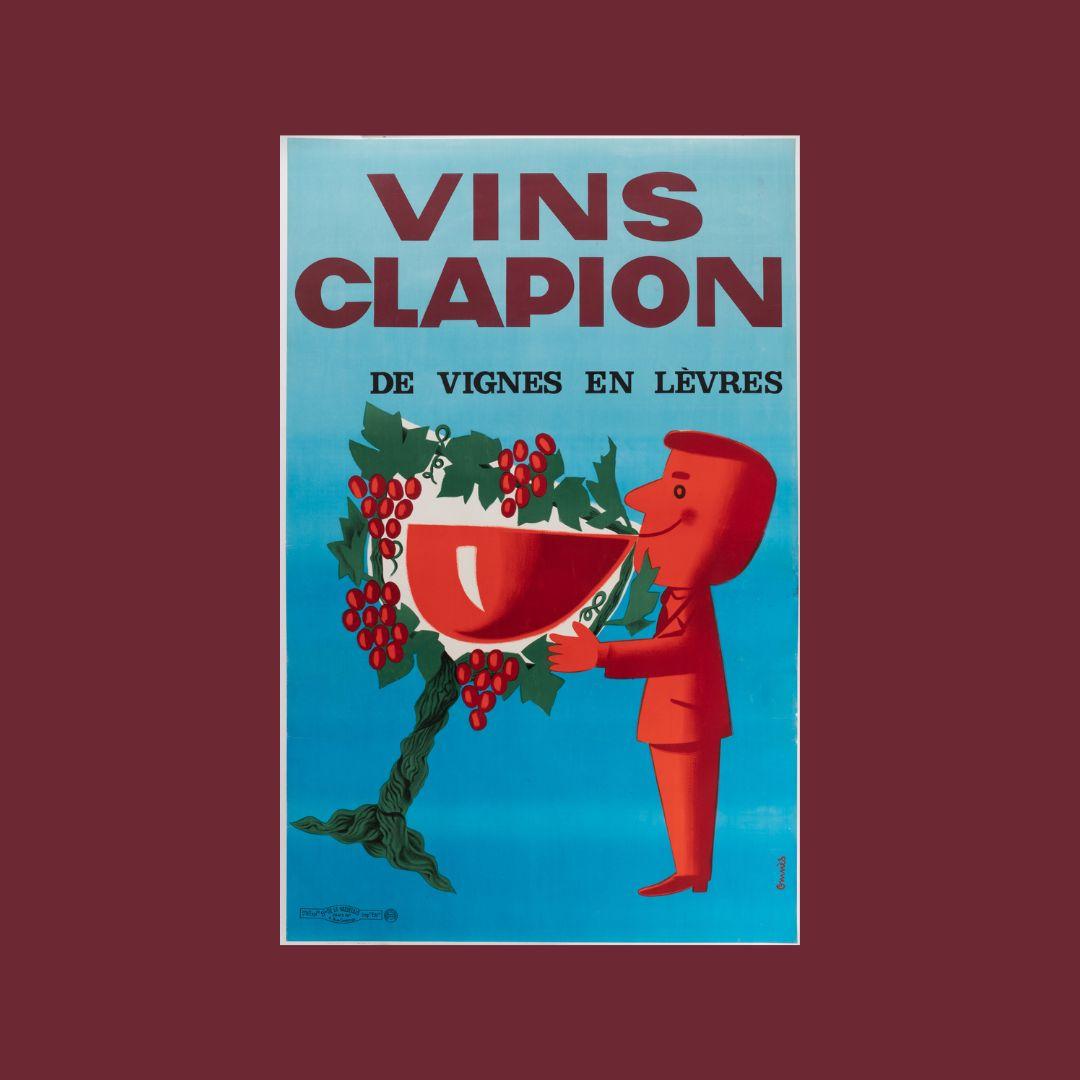 20ième siècle Affiche vintage d'origineOmnes-Clapion Wine-Vine Grapes in Glass, c.1950 en vente