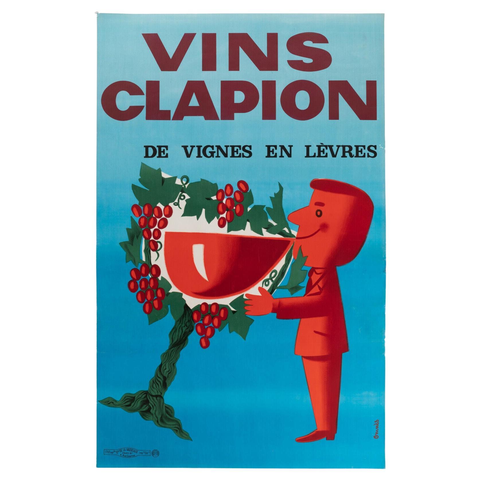 Original Vintage Poster-Omnes-Clapion Wine-Vine Grapes in Glass, c.1950 For Sale