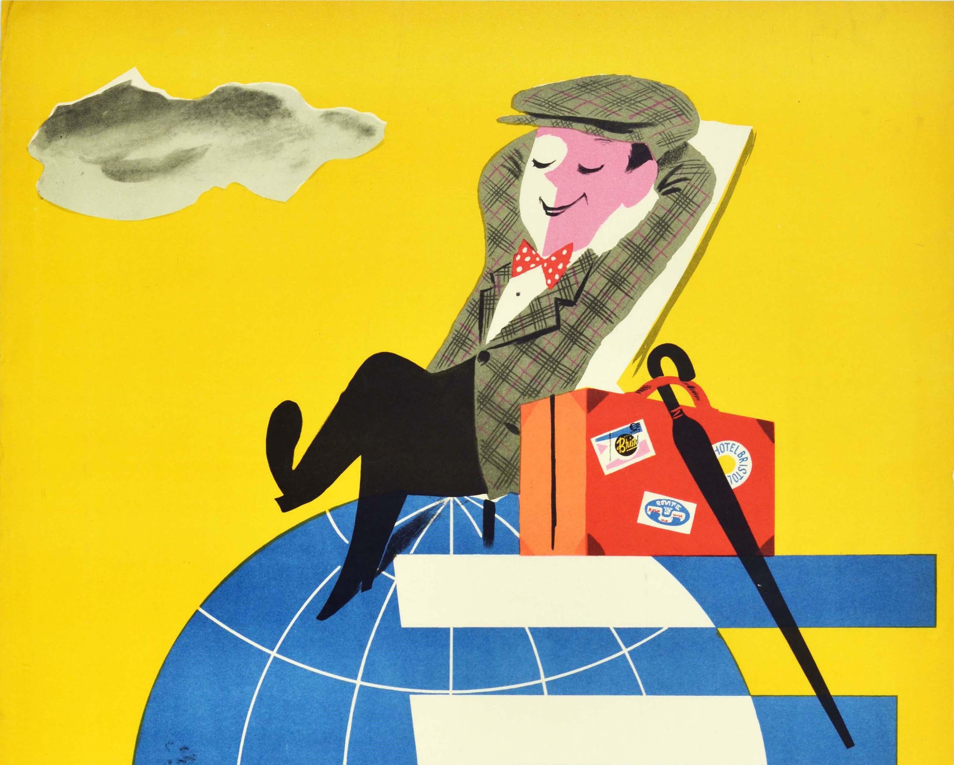 Original vintage advertising poster for the Polish travel agency Orbis featuring a fun design showing a smiling man in a checked flat cap and tweed suit jacket relaxing on a deck chair next to his suitcase with luggage labels on it and an umbrella