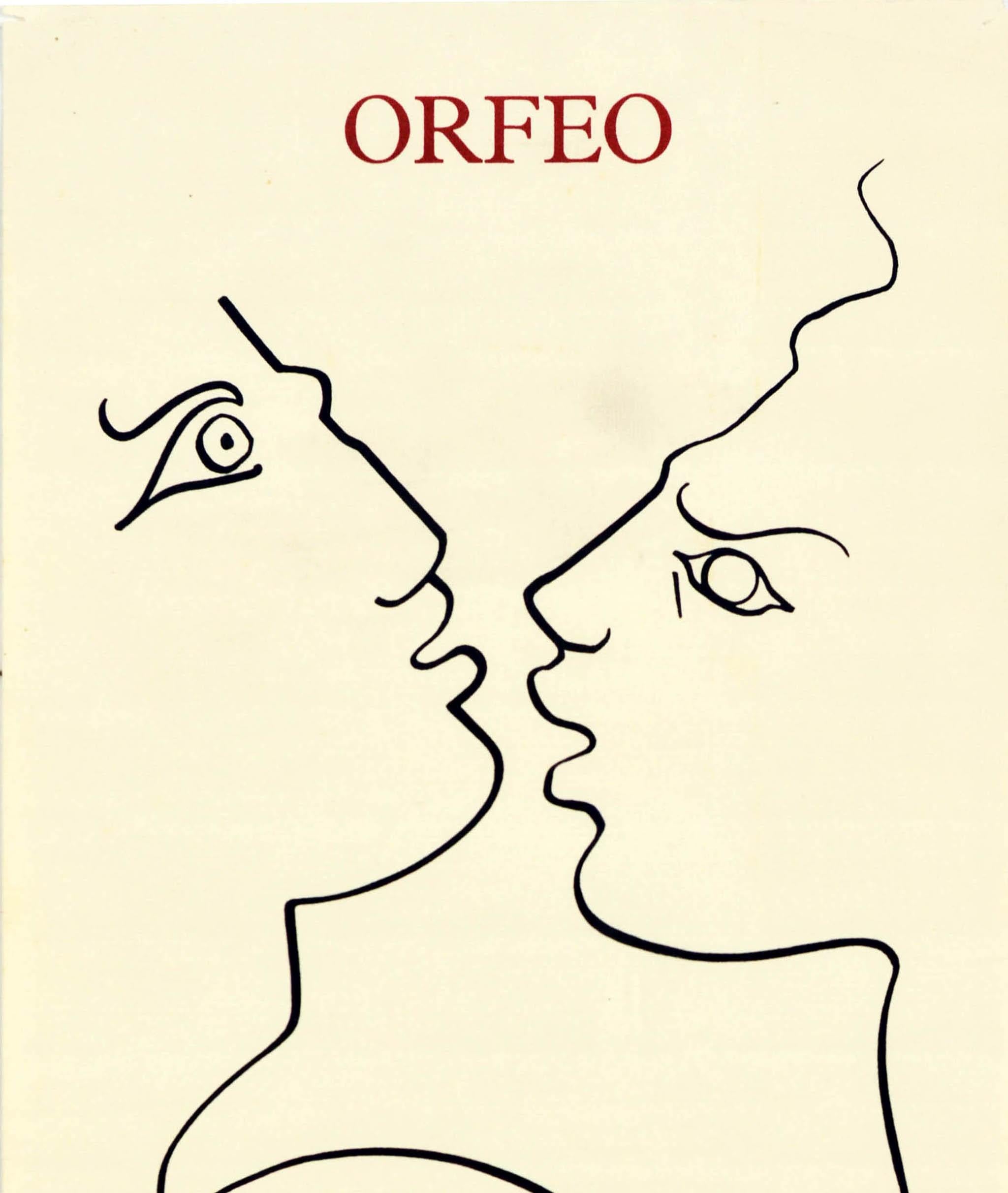 Original vintage advertising poster for the opera Orfeo written in 1607 by the notable Italian composer and priest Claudio Monteverdi (Claudio Giovanni Antonio Monteverdi; baptised 1567-1643), performed at the Opera De Lyon featuring a simple black