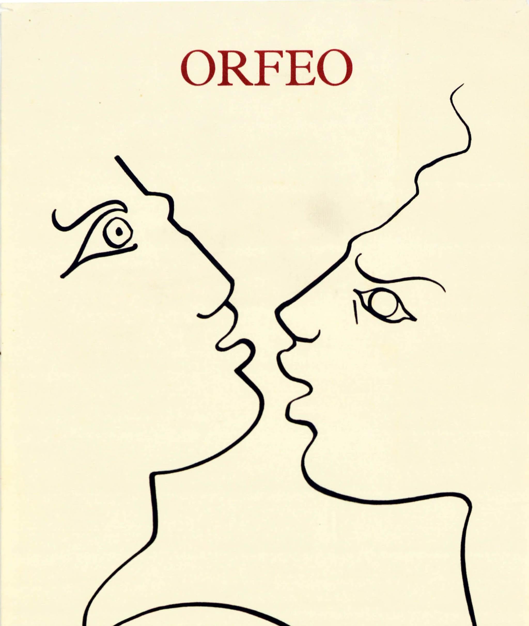 Affiche publicitaire originale d'époque pour l'opéra Orfeo écrit en 1607 par le célèbre compositeur et prêtre italien Claudio Monteverdi (Claudio Giovanni Antonio Monteverdi ; baptisé en 1567-1643), représenté à l'Opéra de Lyon. L'affiche présente