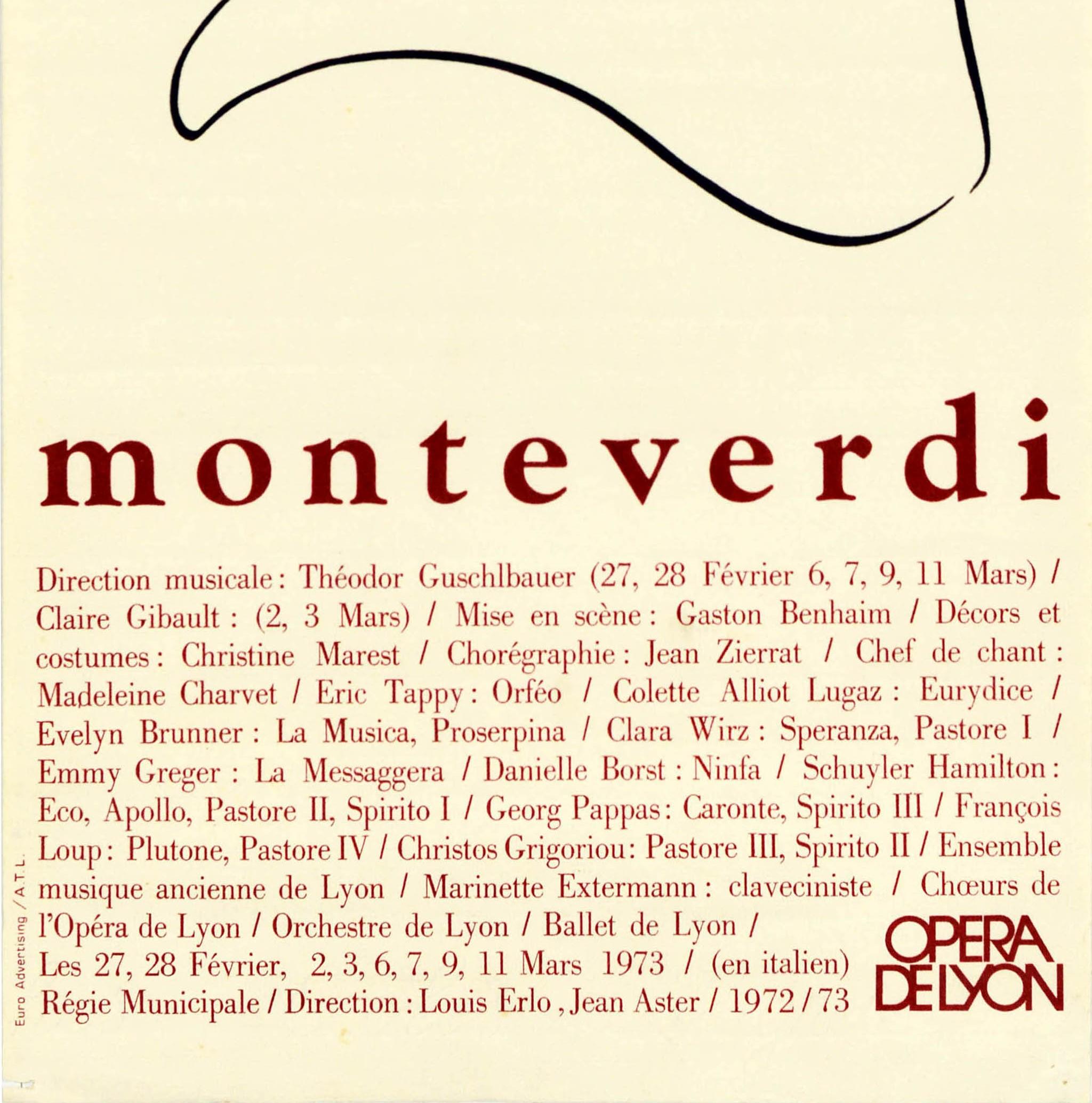 Français Affiche vintage d'origine Orfeo Monteverdi Opera de Lyon Music Greek Legend Art en vente