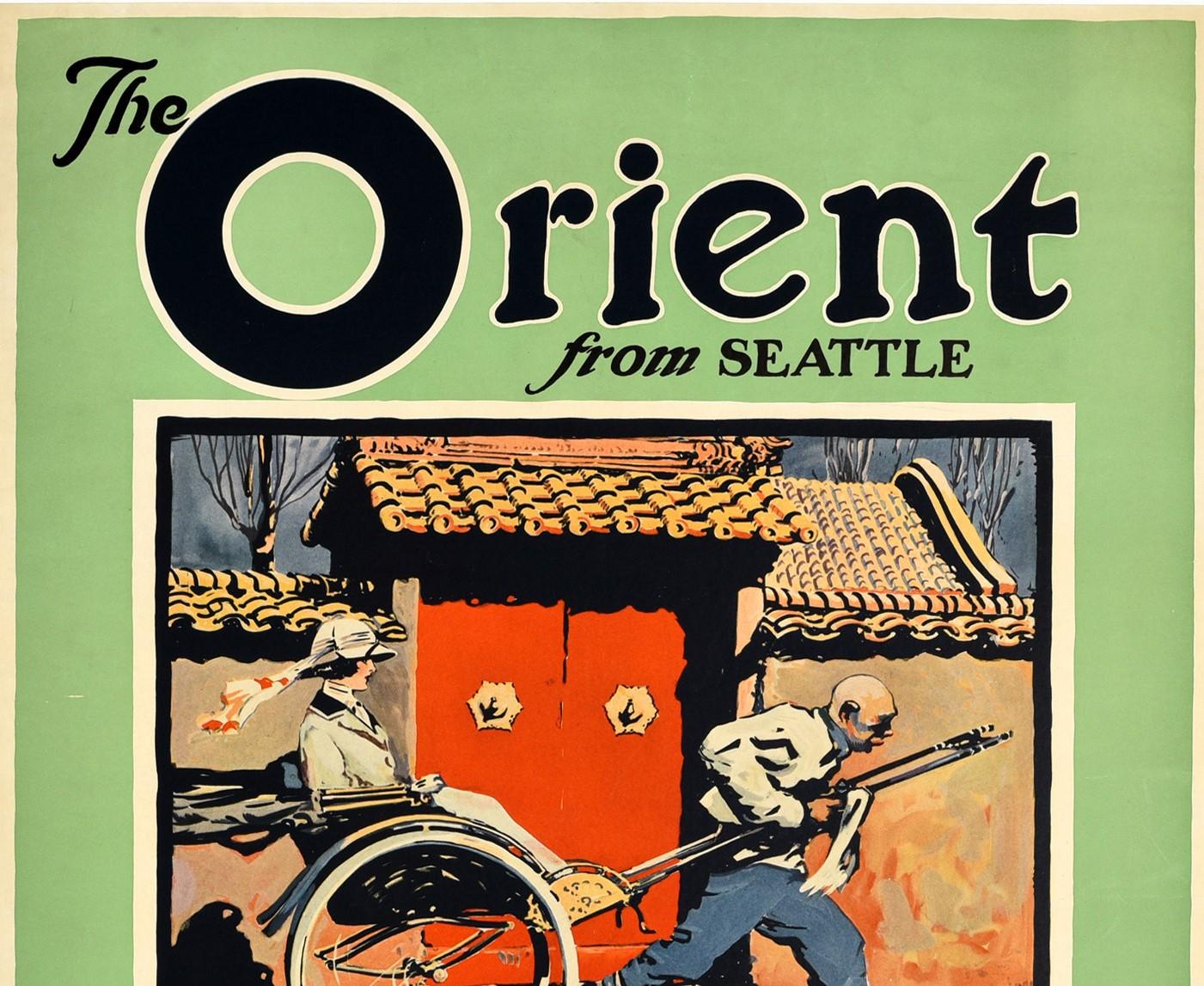 Original vintage trans Pacific cruise travel poster advertising The Orient from Seattle American Oriental Mail Line operated by Admiral Oriental Line for the United States Shipping Board featuring colourful artwork showing a man running at speed as