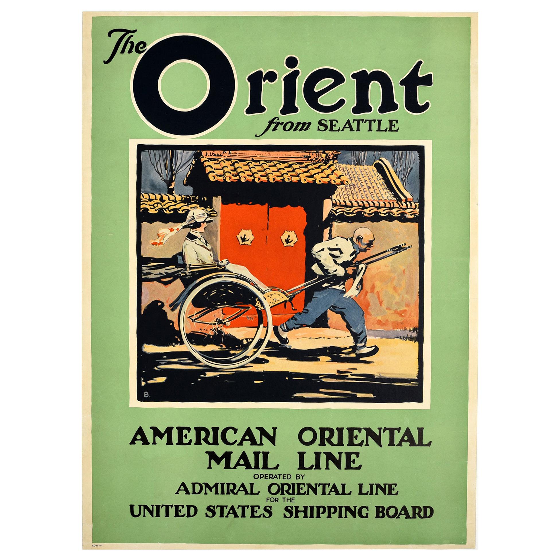 Original Vintage Poster Orient From Seattle Far East Asia Cruise Line Travel Art For Sale