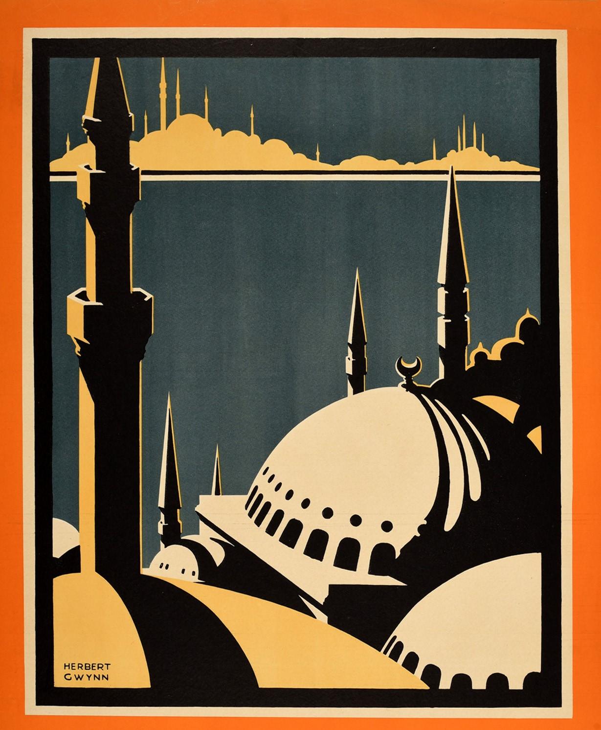 Original vintage cruise travel poster for Mediterranean and Constantinople issued by Orient Line Cruises featuring a stunning Art Deco design by Herbert Gwynn (1873-1956) depicting a view over domes and minaret towers across the blue sea towards a