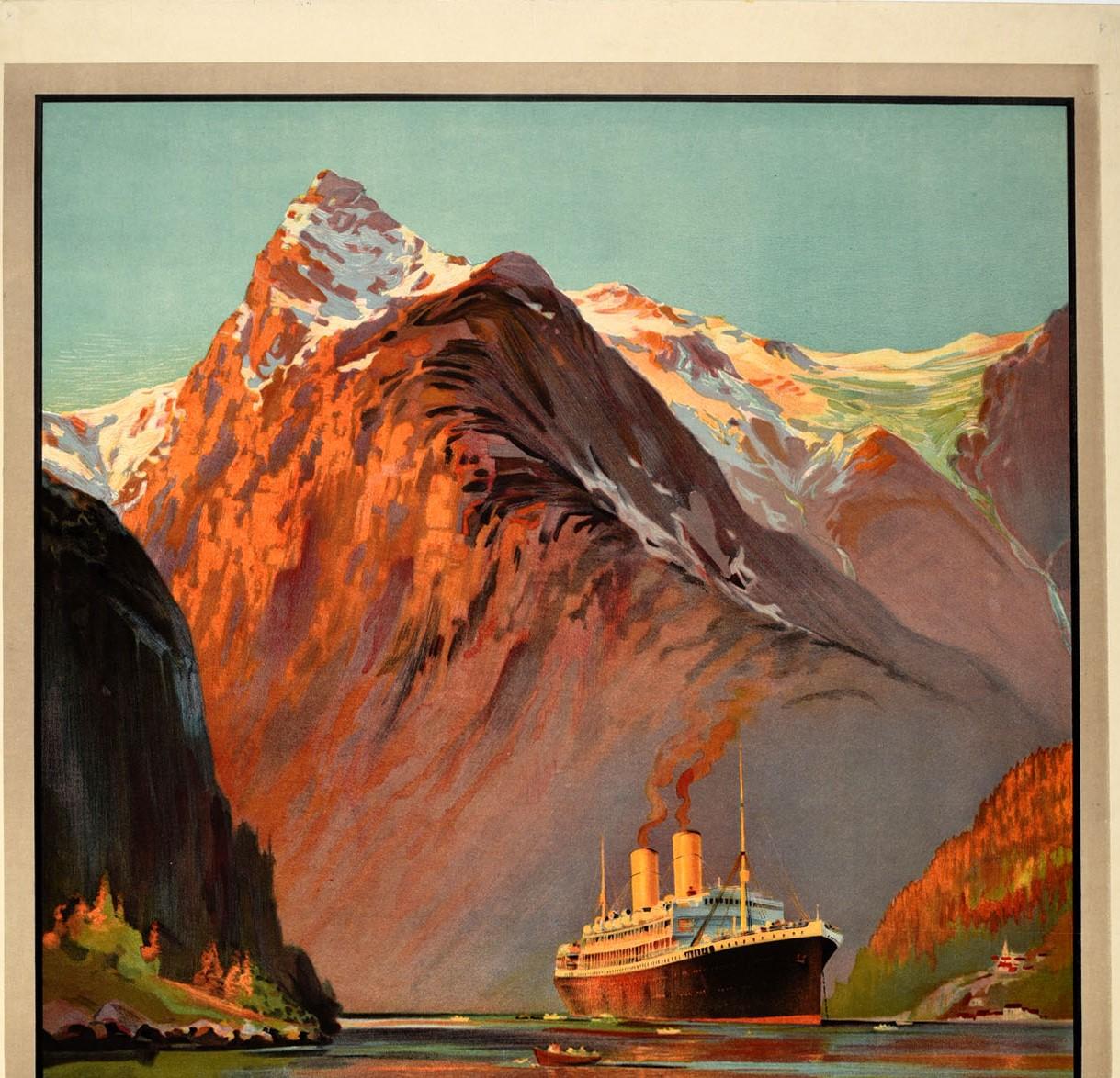 Original vintage poster advertising cruise travel - Orient Line Cruises To Norway 13 days from 20 Guineas apply 5 Fenchurch Street London agents in United States Cunard Steam Ship Co Ltd - featuring scenic artwork by the painter Odin Rosenvinge