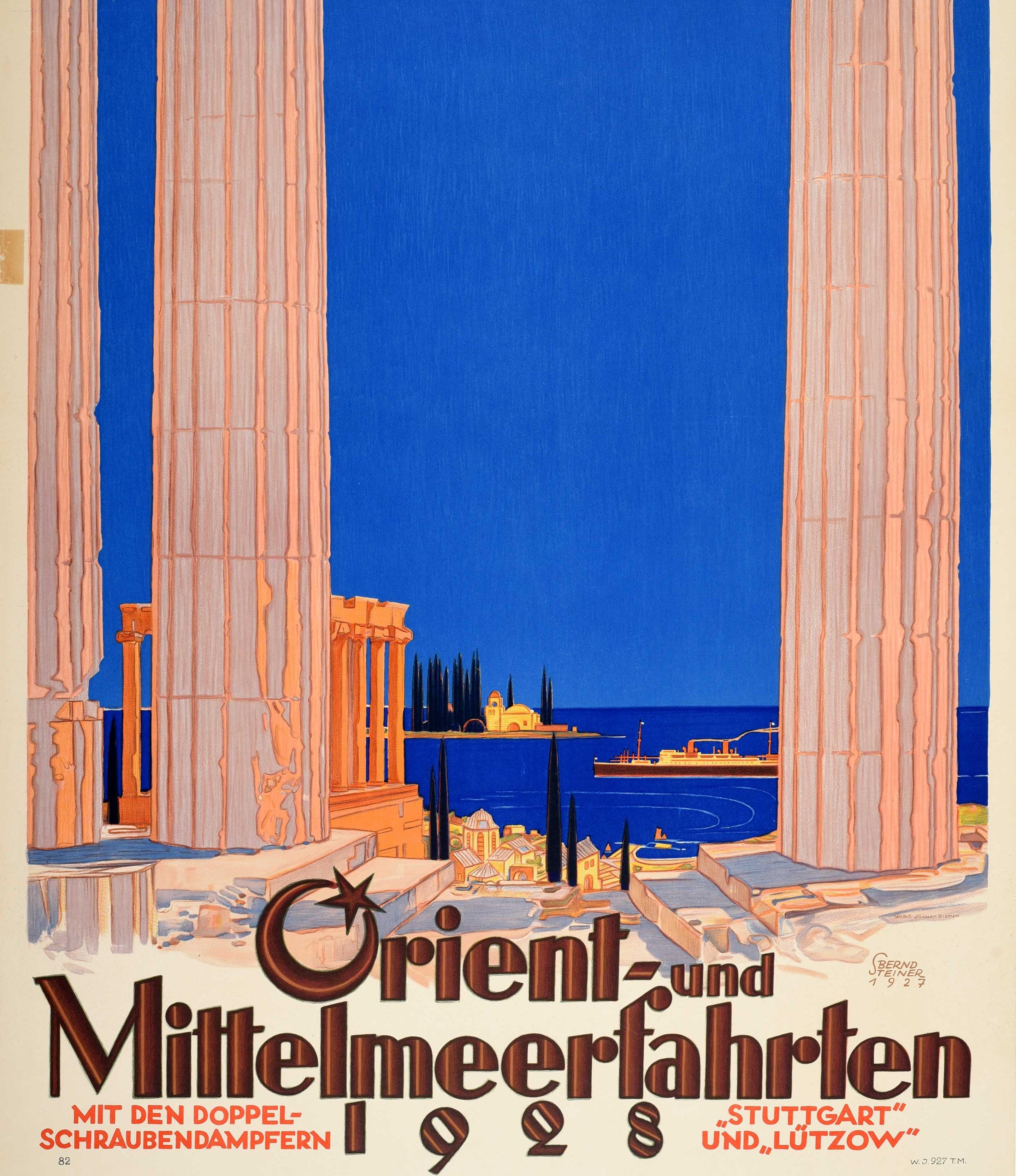 Original Vintage Poster Orient & Mediterranean Cruise Norddeutscher Lloyd Bremen In Good Condition In London, GB