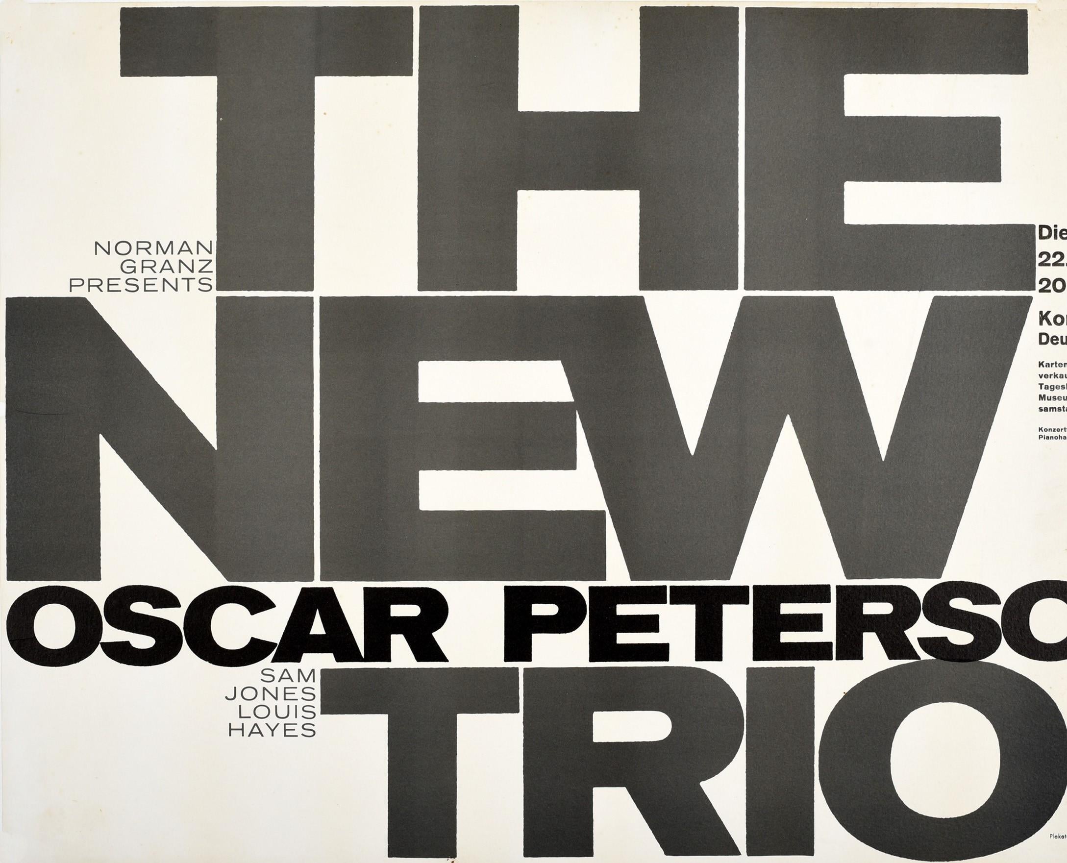 Allemand Affiche vintage d'origine Oscar Peterson The New Trio Jazz Music concert Granz en vente