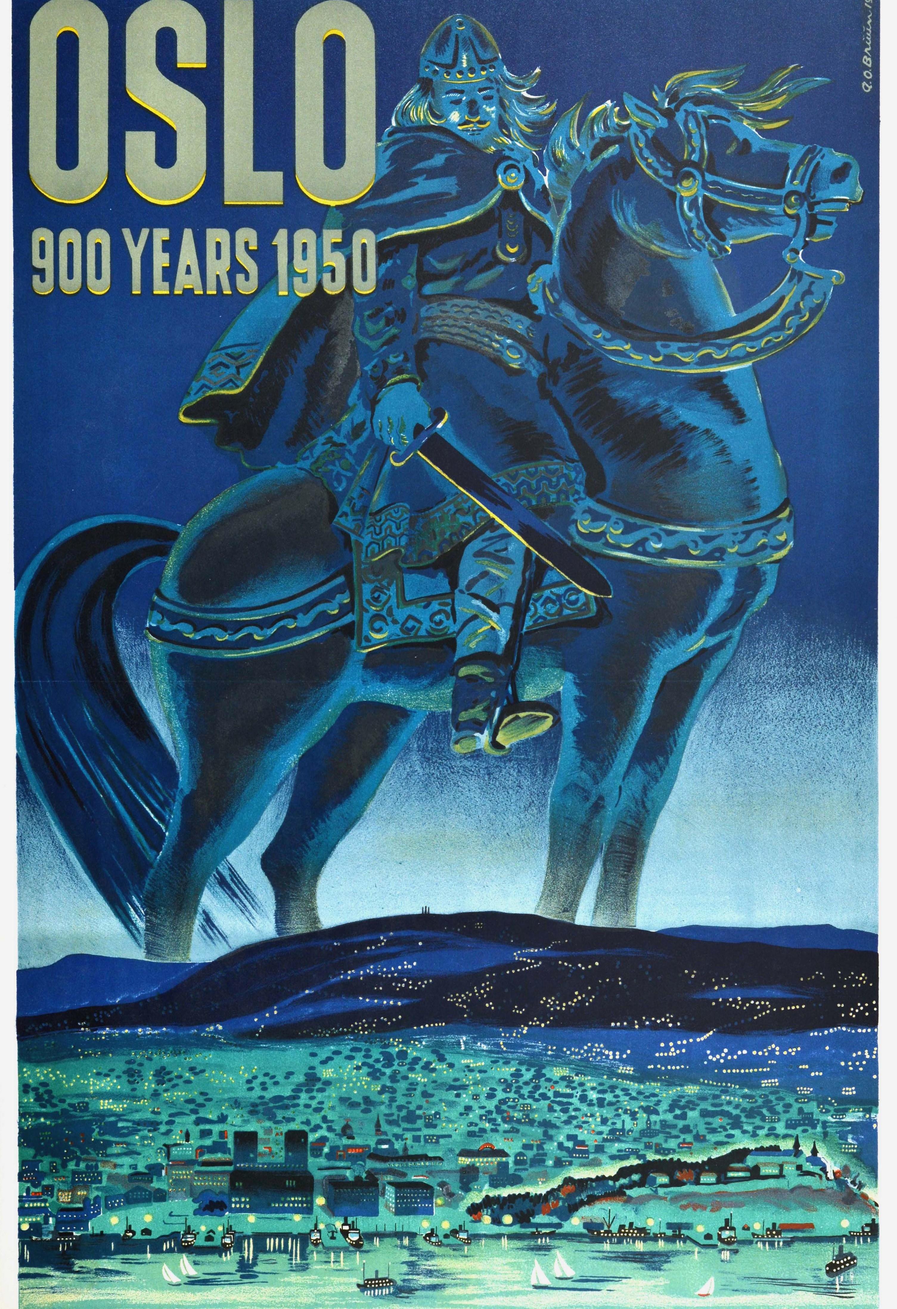 Original Vintage Poster Oslo 900 Years Viking King Horse Norway Railway Travel In Good Condition In London, GB