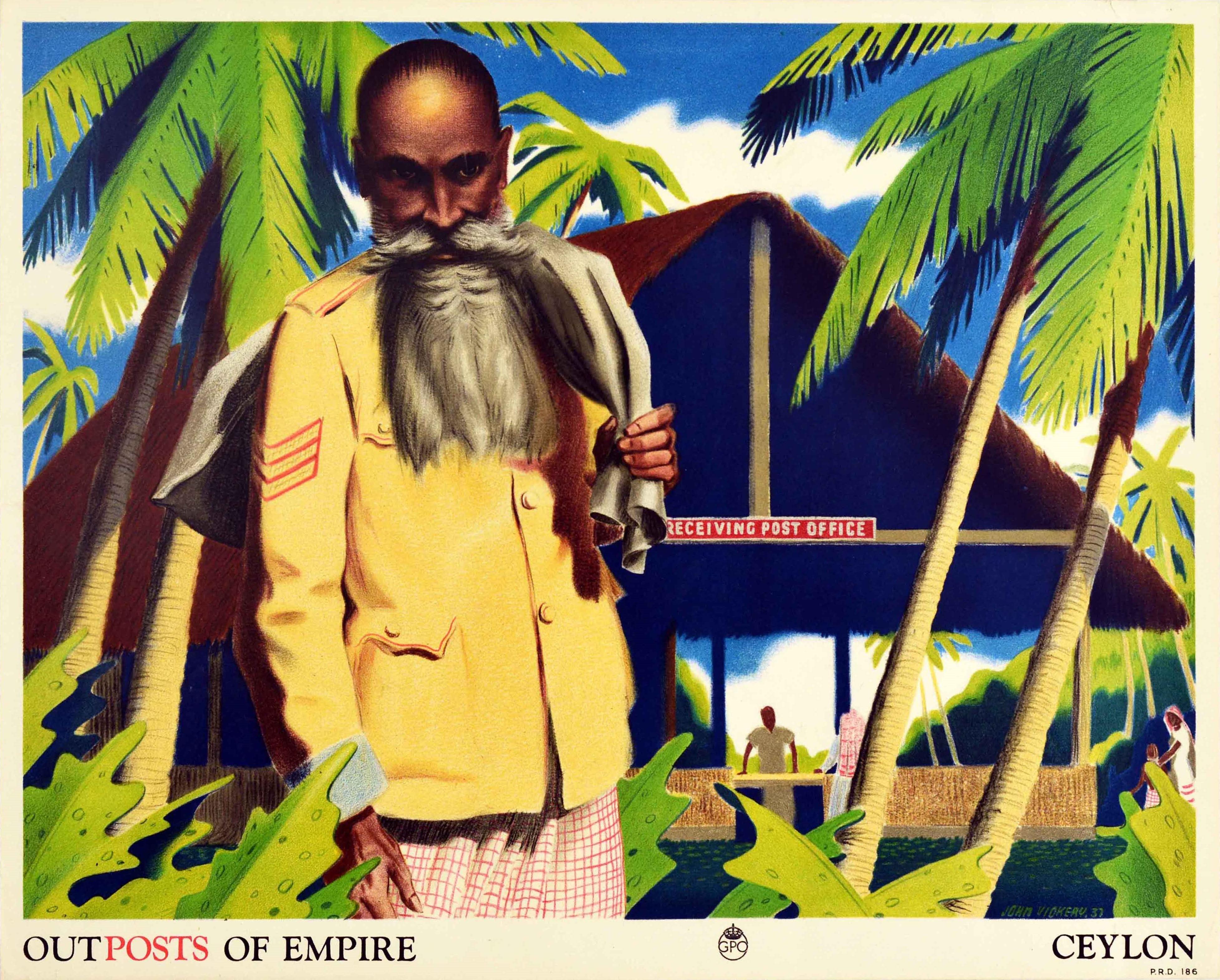 Original vintage advertising poster published by the GPO General Post Office for schools to promote the extensive reach of its postal services - Outposts of Empire Ceylon (Sri Lanka). Colourful illustration by the Australian artist John Vickery