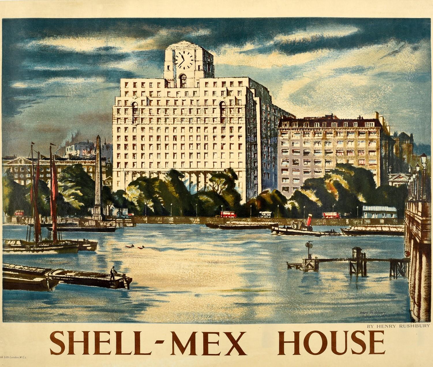 Original vintage poster featuring a painting by Sir Henry Rushbury (1889-1968) of Shell-Mex House with its clock face below a dramatic sky looming over the green trees on Victoria Embankment by the Egyptian obelisk Cleopatra's Needle with boats on