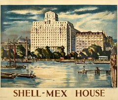Original Vintage Poster Painting Of Shell-Mex House River Thames London BP Shell