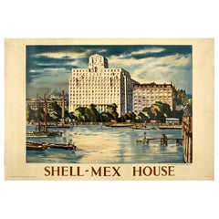 Original Vintage Poster Painting Of Shell-Mex House River Thames London BP Shell