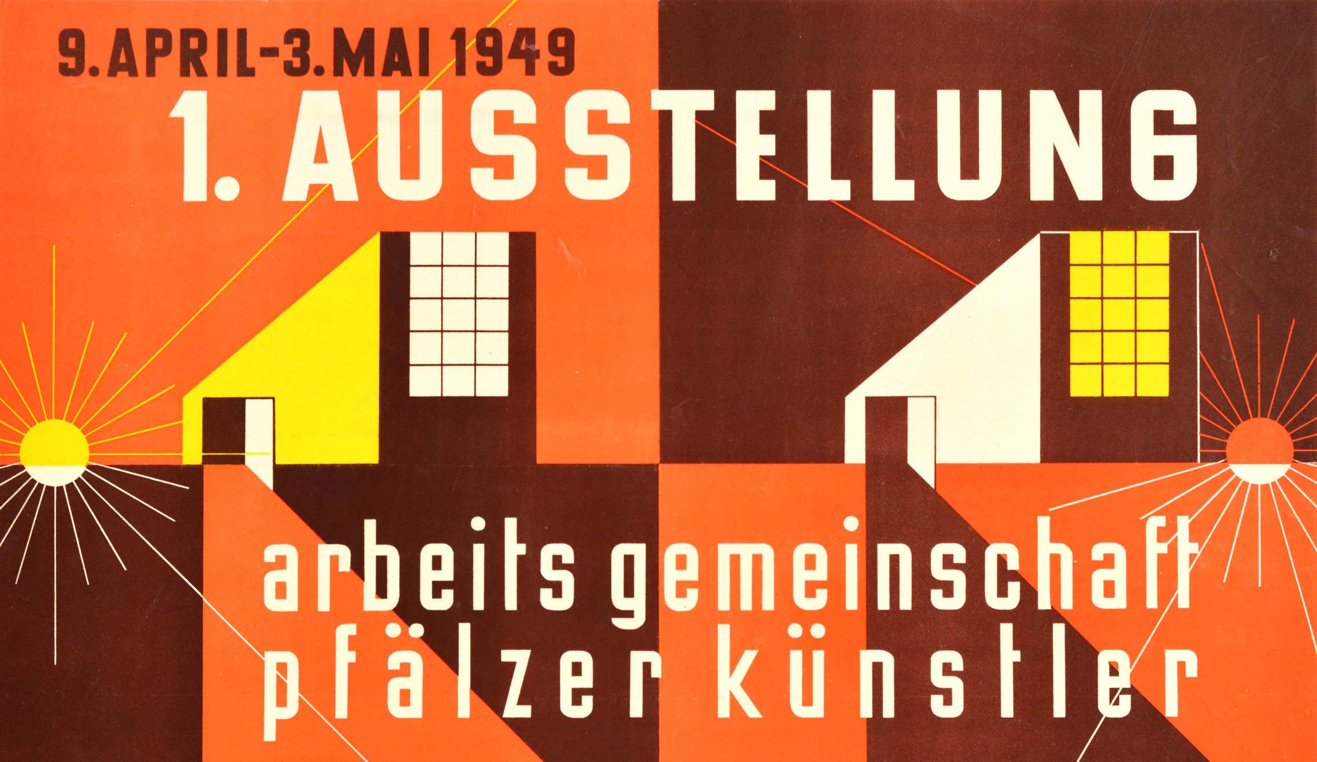 Original vintage advertising poster for the 1st exhibition of the Palatinate Artists Working Group at the Kaiserslautern State Trade Institute held from 9 April to 3 May 1949 / 1 Ausstellung Arbeits Gemeinschaft Pfälzer Künstler Landesgewerbeanstalt