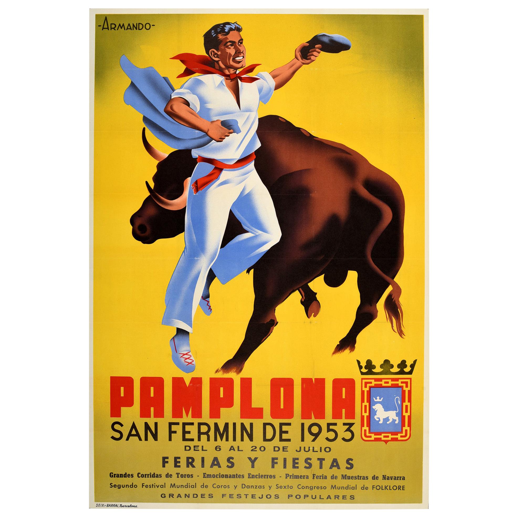 Original Vintage Poster Pamplona San Fermin 1953 Ferias Y Fiestas Festival Spain