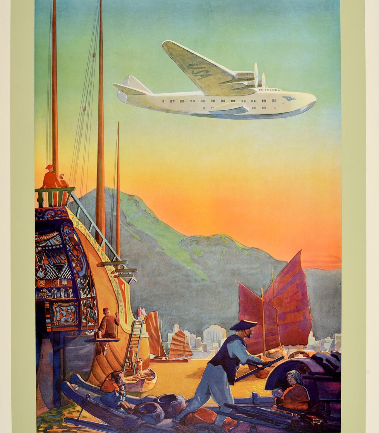 Original vintage PanAm travel poster featuring a great image depicting a seaplane marked USA flying over Hong Kong harbour with traditional junk boats in the foreground and the city buildings below the Peak hills of Hong Kong island across the water