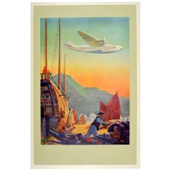 Original Vintage Poster Pan American Air Travel Hong Kong Far East Sea Plane USA