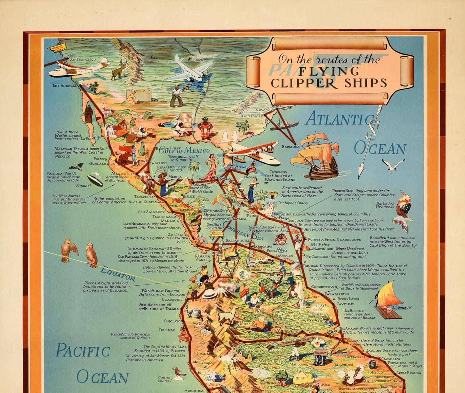 Original vintage Pan Am travel advertising map poster, on the routes of the Flying Clipper Ships, featuring a pictorial map by Kenneth W. Thompson (1907-1996) of Latin America with images of points of interest, cities, animals and people including