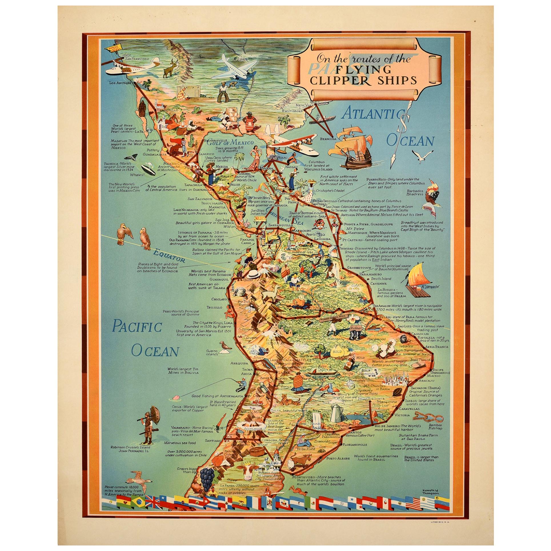 Pan Am Clipper Route Map Original Vintage Poster Pan American Paa Flying Clipper Travel Map South  America At 1Stdibs
