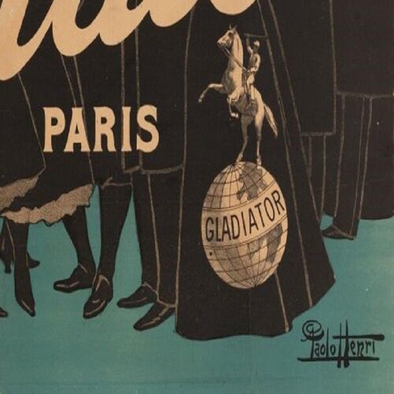 Original-Vintage-Poster, Paolo Henri, Rad Gladiator, Paris, Fahrrad, 1900 im Zustand „Relativ gut“ im Angebot in SAINT-OUEN-SUR-SEINE, FR