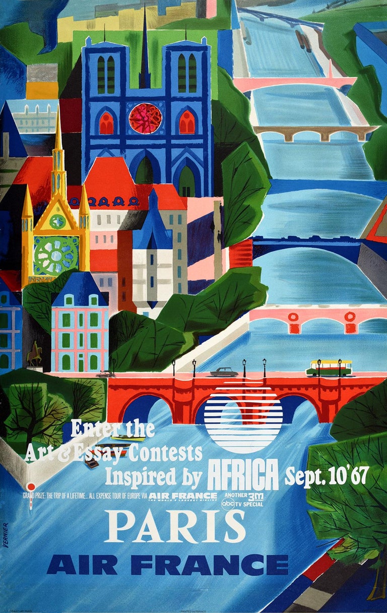 Original vintage travel poster for Paris Air France with an overprint: Enter the Art and Essay Contests inspired by Africa 10 September 1967 Grand prize: The trip of a lifetime... All expense tour of Europe via Air France. Midcentury modern design