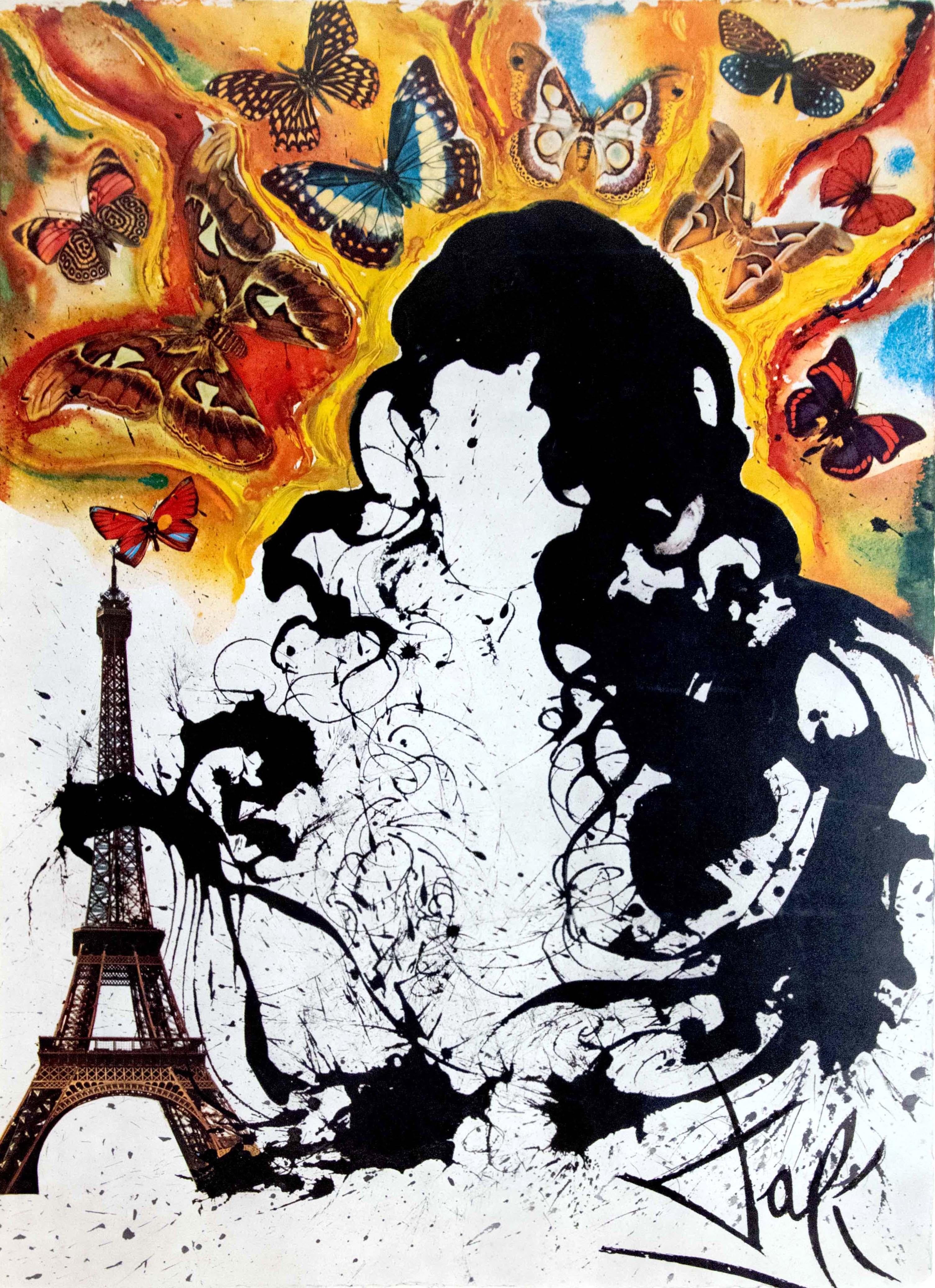 Originales Vintage-Reiseplakat für Paris, das den Eiffelturm mit abstrakten Linien und bunten Schmetterlingen zeigt, entworfen von dem berühmten surrealistischen Künstler Salvador Dali (1904-1989) für die staatlichen französischen Eisenbahnen (SNCF