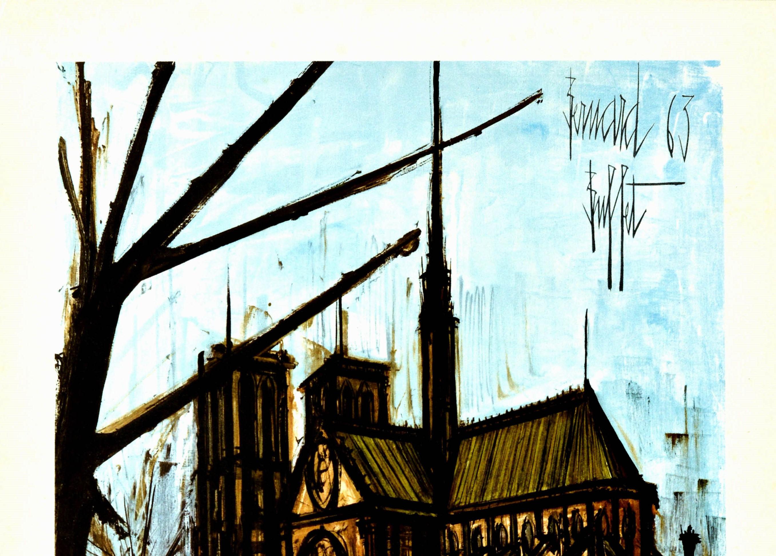 Original vintage travel poster for Paris issued by French National Railways / Chemin De Fer Francais featuring great artwork by the notable French expressionist painter Bernard Buffet (1928-1999) featuring the historic medieval Notre Dame cathedral