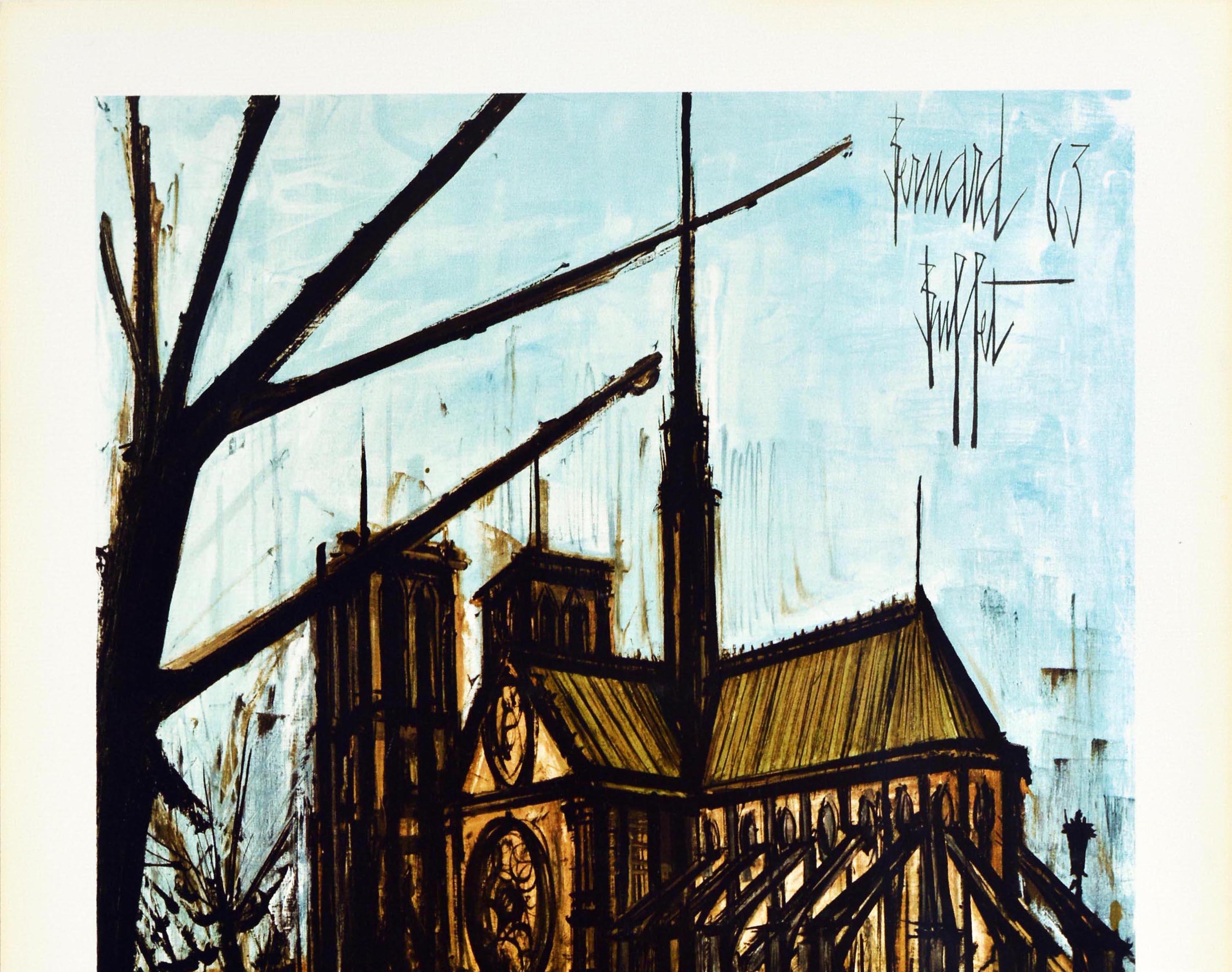 Original vintage travel poster for Paris Franzosische Eisenbahnen / French Railways featuring great artwork by the notable French expressionist painter Bernard Buffet (1928-1999) depicting the historic medieval Notre Dame cathedral on the Ile de la