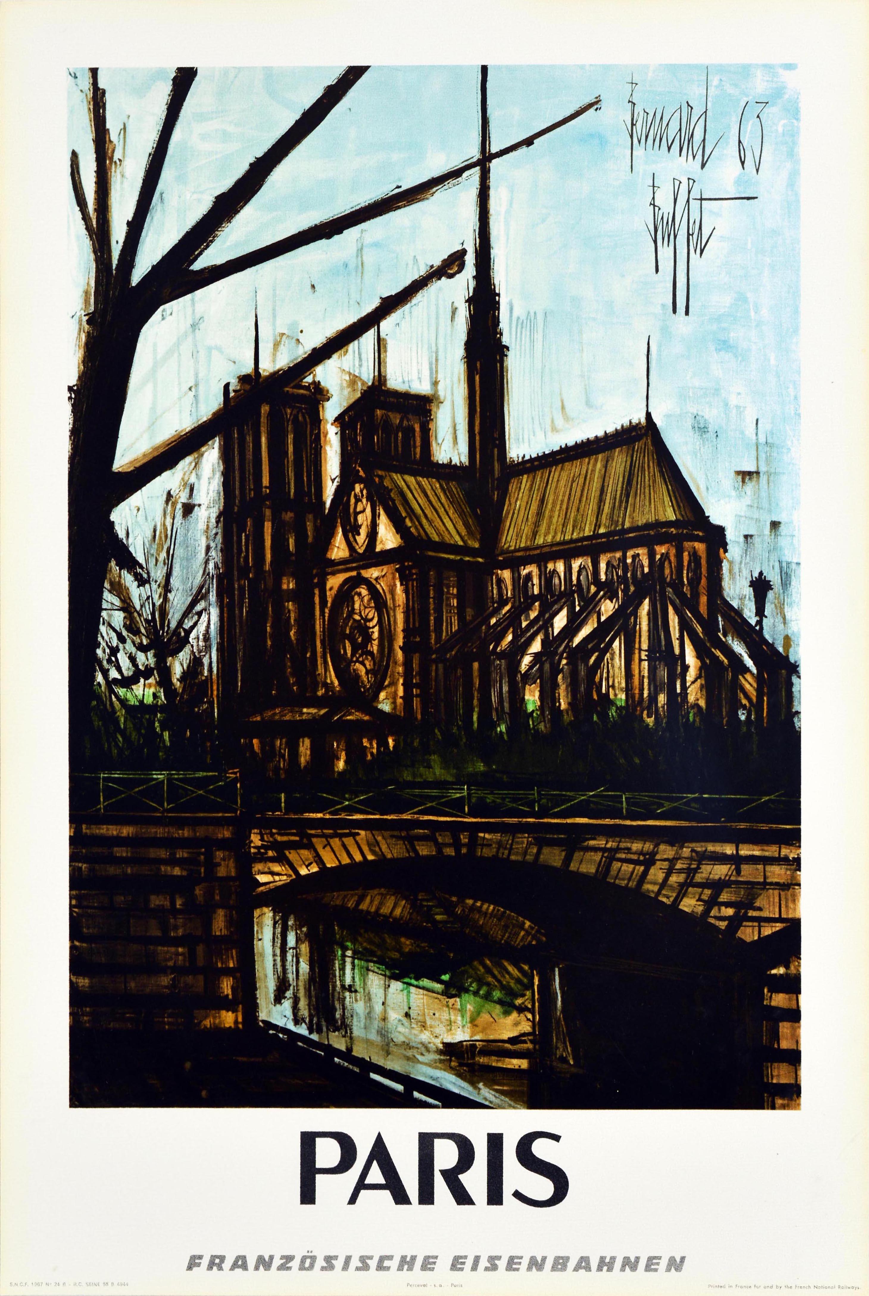 Mid-20th Century Original Vintage Poster Paris Notre Dame River Seine French Railway Travel Art For Sale