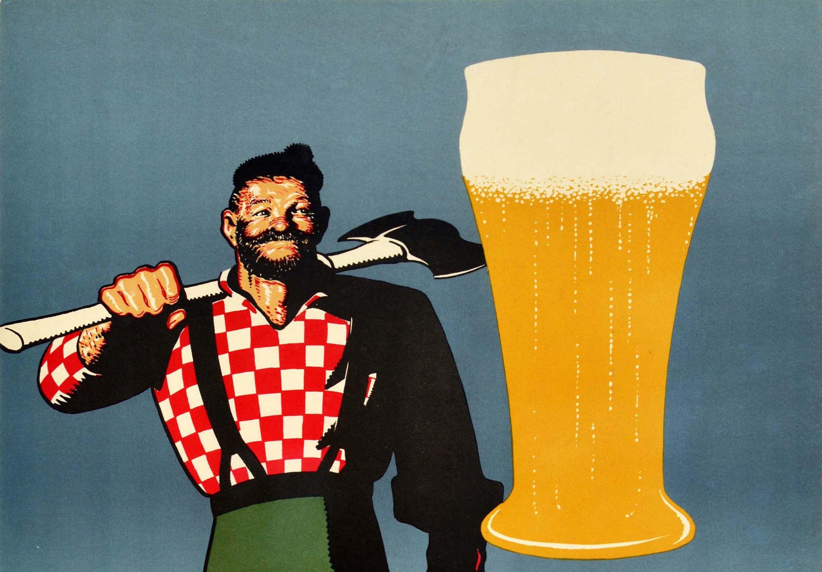 Affiche publicitaire originale pour une boisson vintage - Paul Bunyan Honestly Great in Quality and Pleasure - présentant une superbe image d'un homme barbu souriant vêtu d'une chemise rouge et blanche à carreaux et d'un pantalon et de bretelles