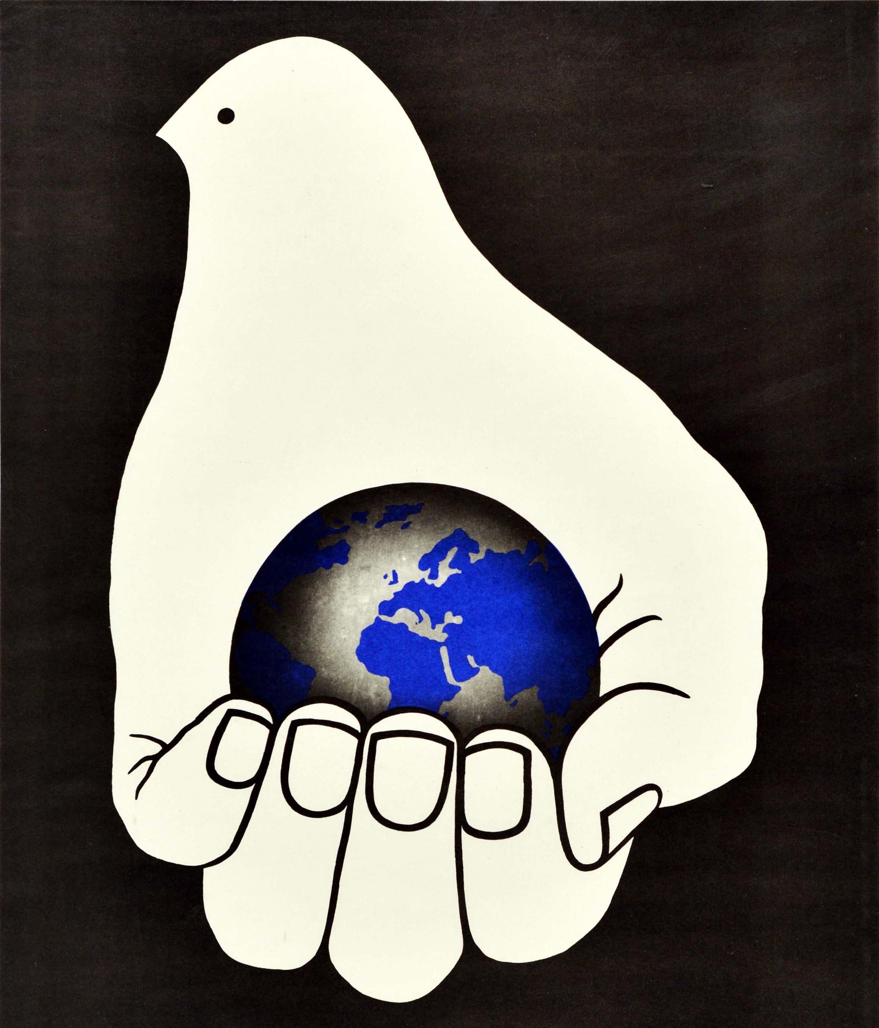 Russian Original Vintage Poster Peace Everyone's Business Caring Hand Dove Design USSR