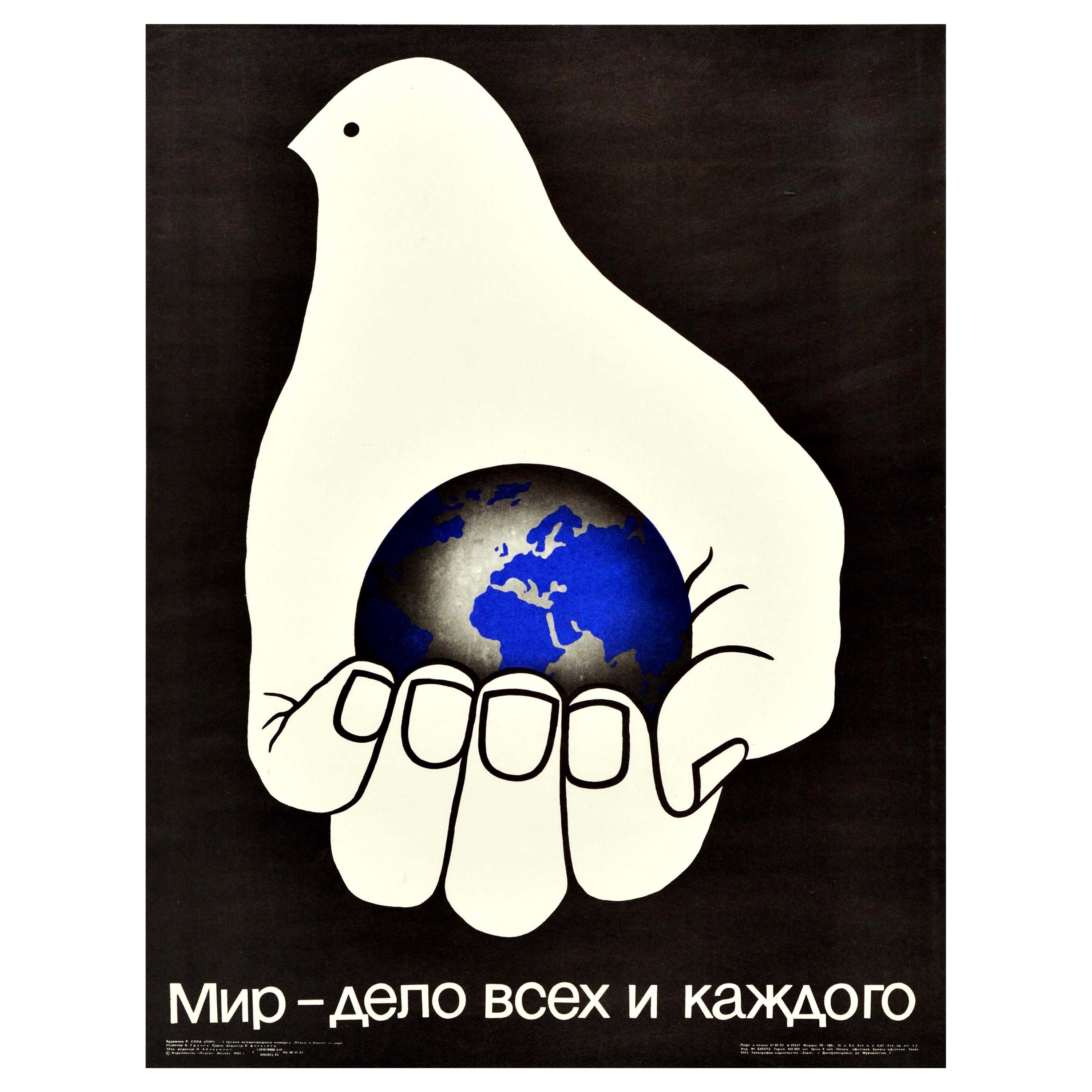 Original Vintage Poster Peace Everyone's Business Caring Hand Dove Design USSR