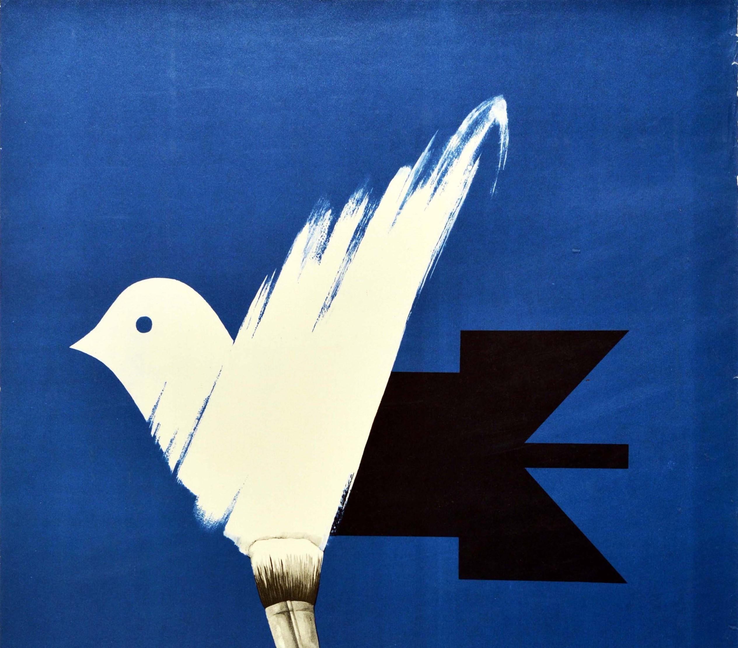 Original vintage propaganda poster - Peace to the World - featuring a great illustration in the colours of the blue, black and white flag of Estonia by the notable Estonian graphic artist and illustrator Made Balbat (b.1960) depicting a white dove