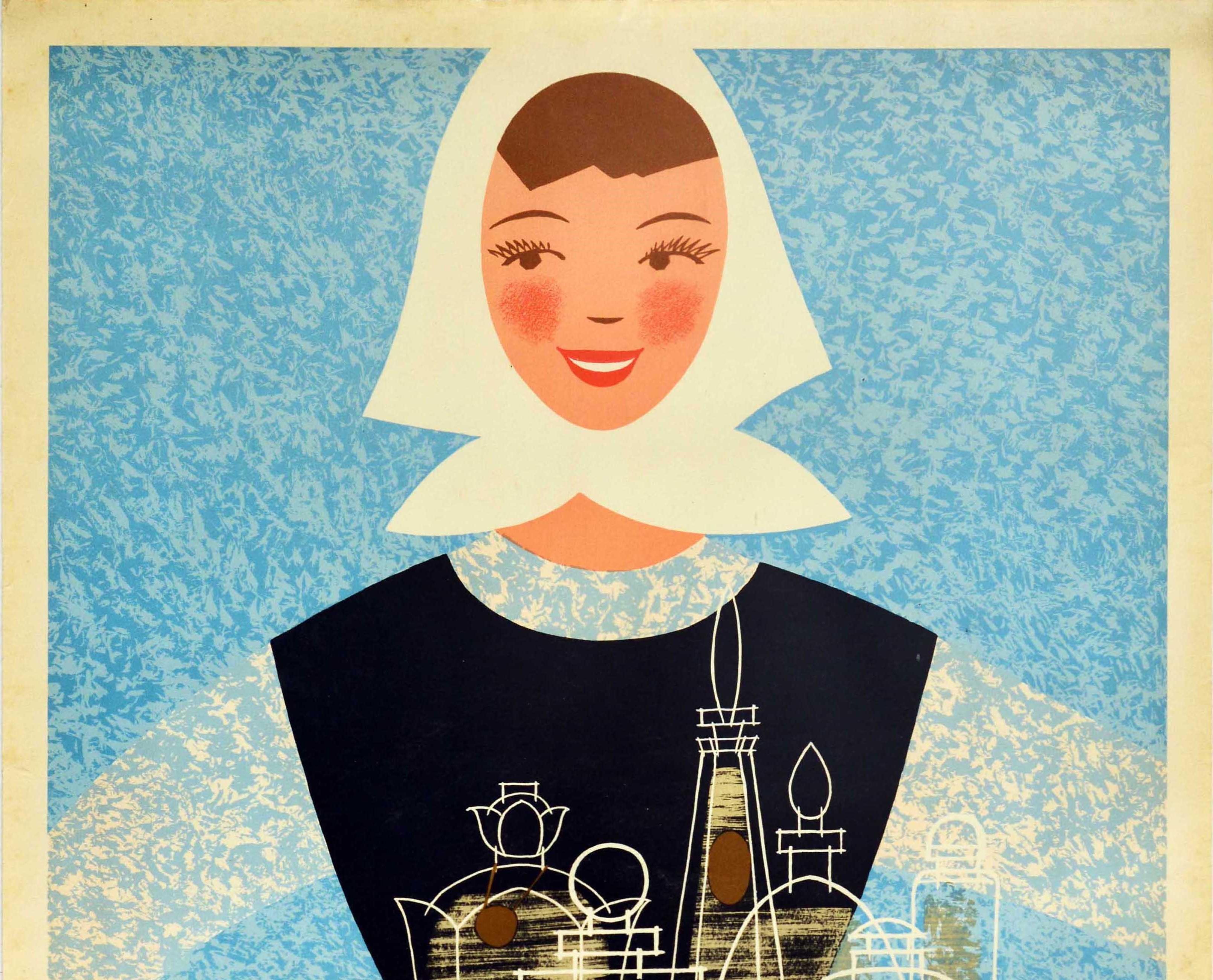 Original vintage advertising poster - Perfumery Sojuzchimexport Moscow - featuring a Mid-Century Modern design depicting a smiling young lady dressed in a blue and white top, brown skirt and white headscarf, holding a cloth with glass jars of