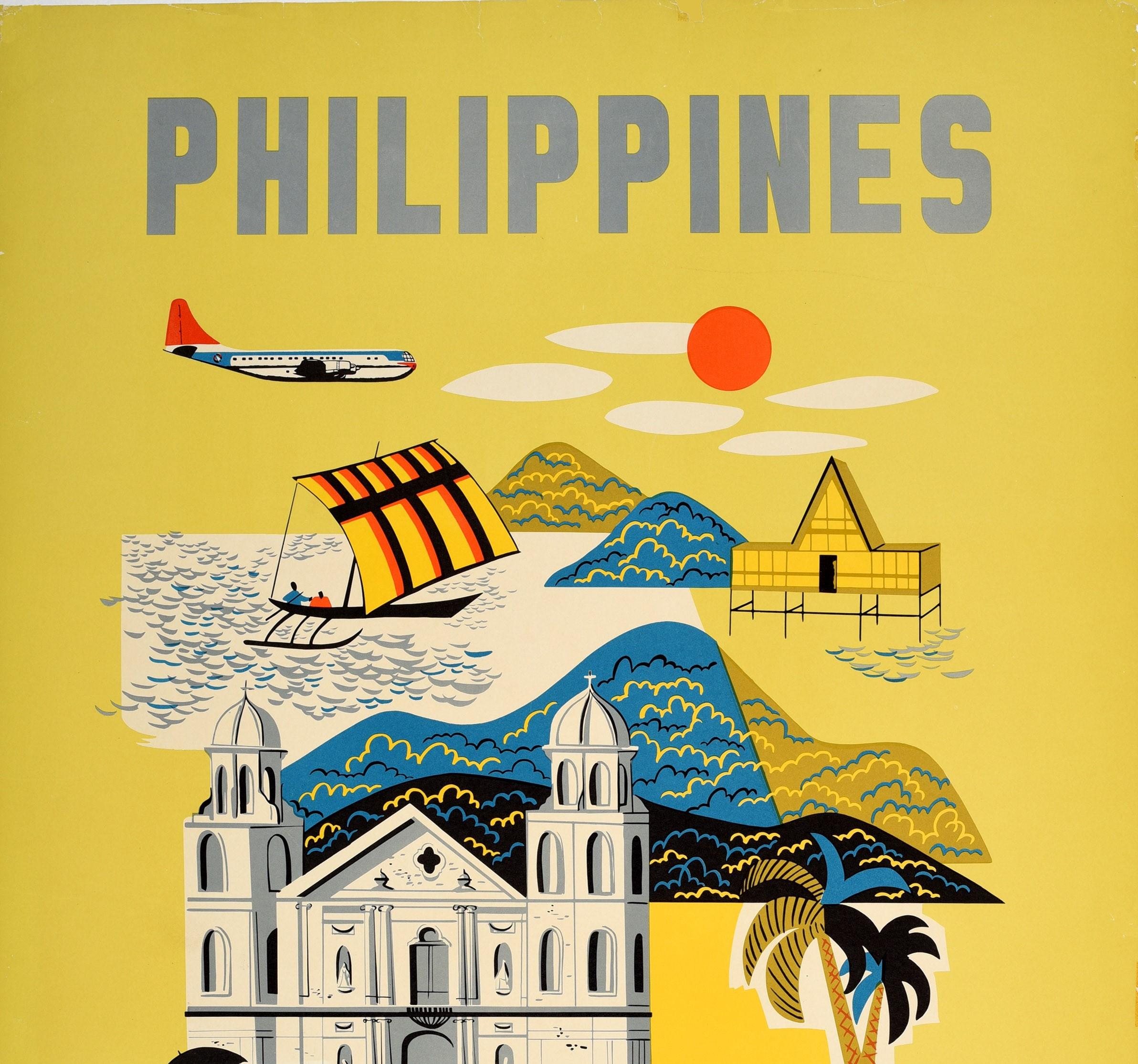 Original vintage Asia travel poster for the Philippines Fly Northwest Orient Airlines featuring illustrations depicting a farmer walking next to his oxen drawn cart, tourists in front of an historic building, palms trees and hills, a traditional