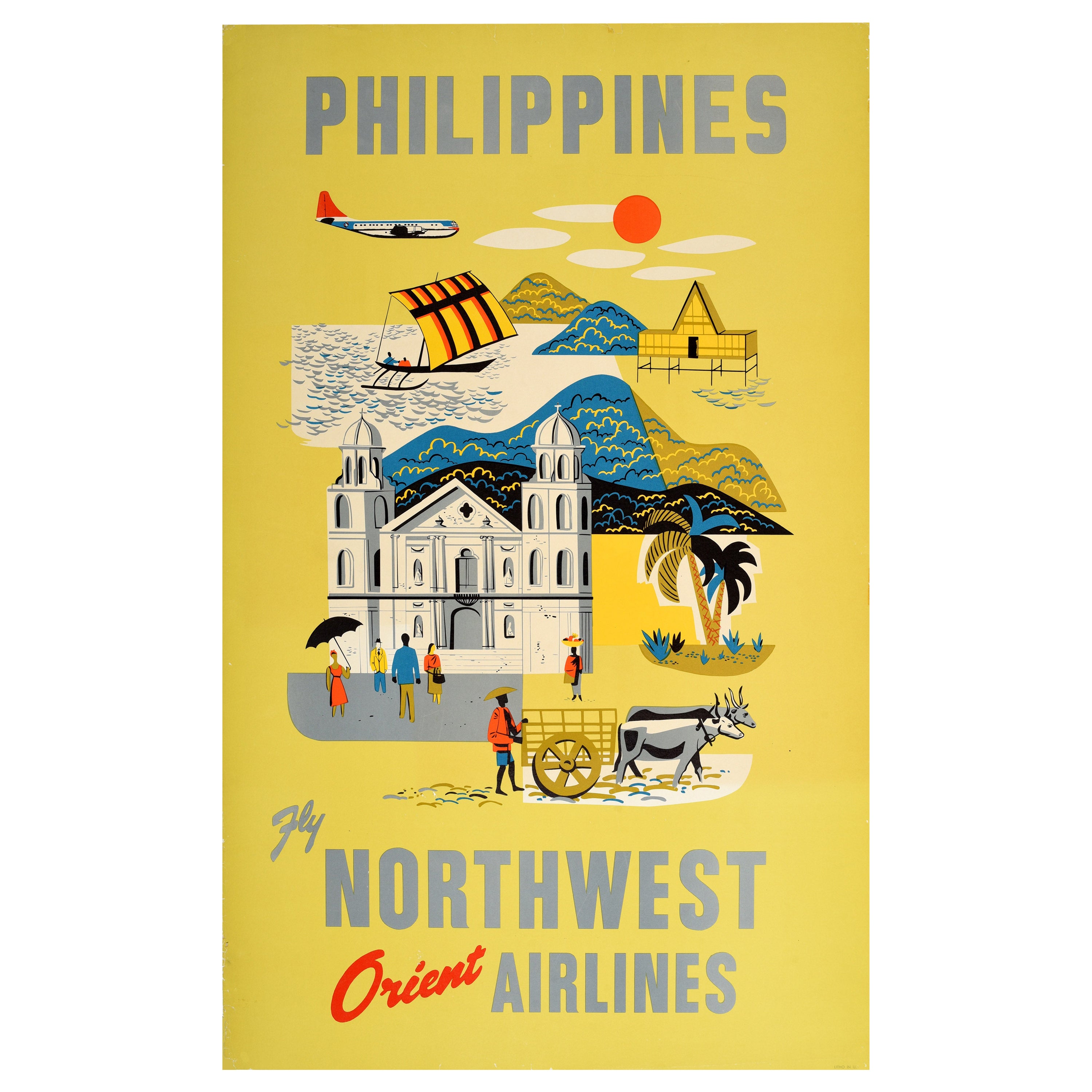 Poster originale d'epoca Filippine Northwest Orient Airlines Asia Travel Art